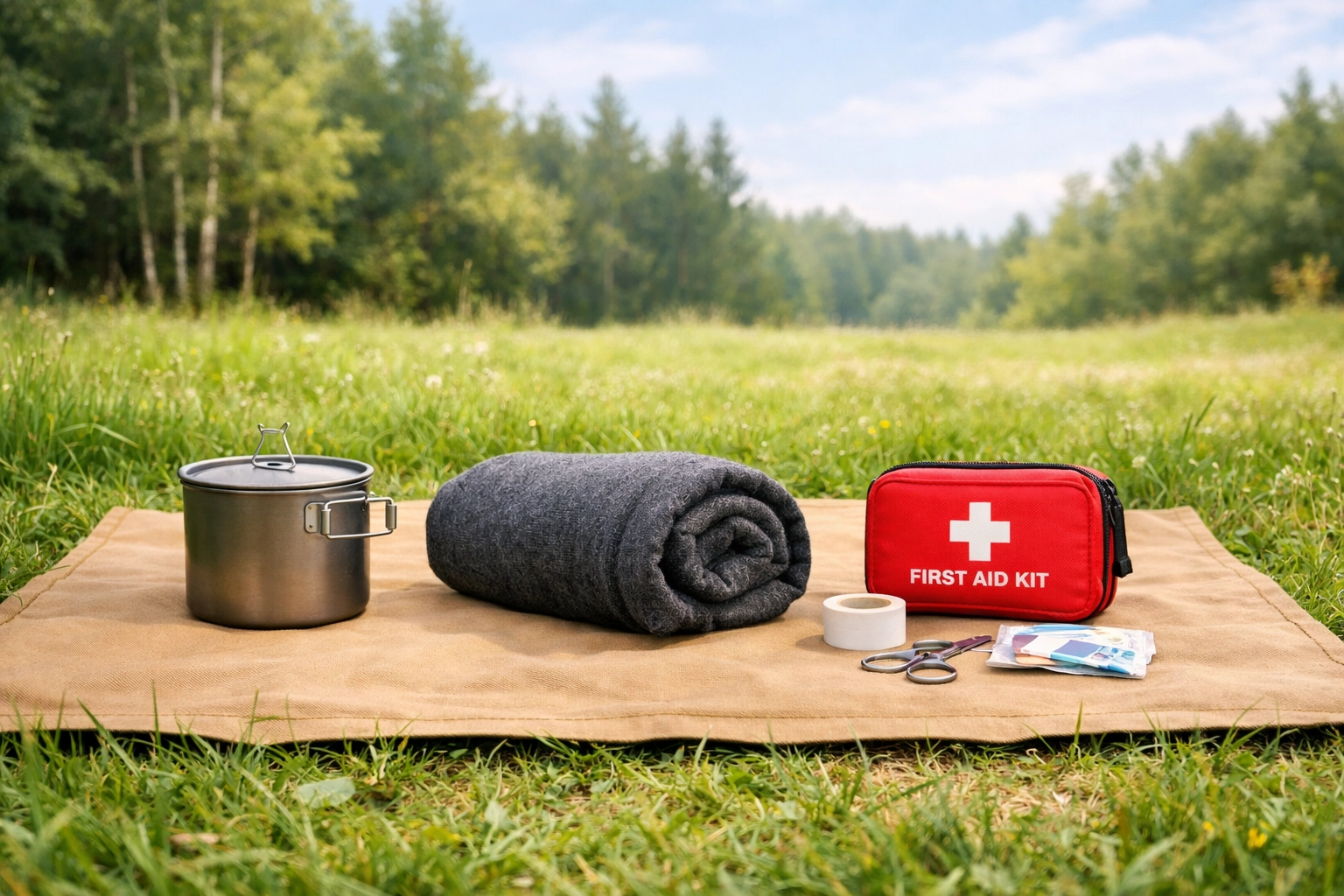 Minimalist hiking gear layout featuring essential survival equipment for lightweight camping.