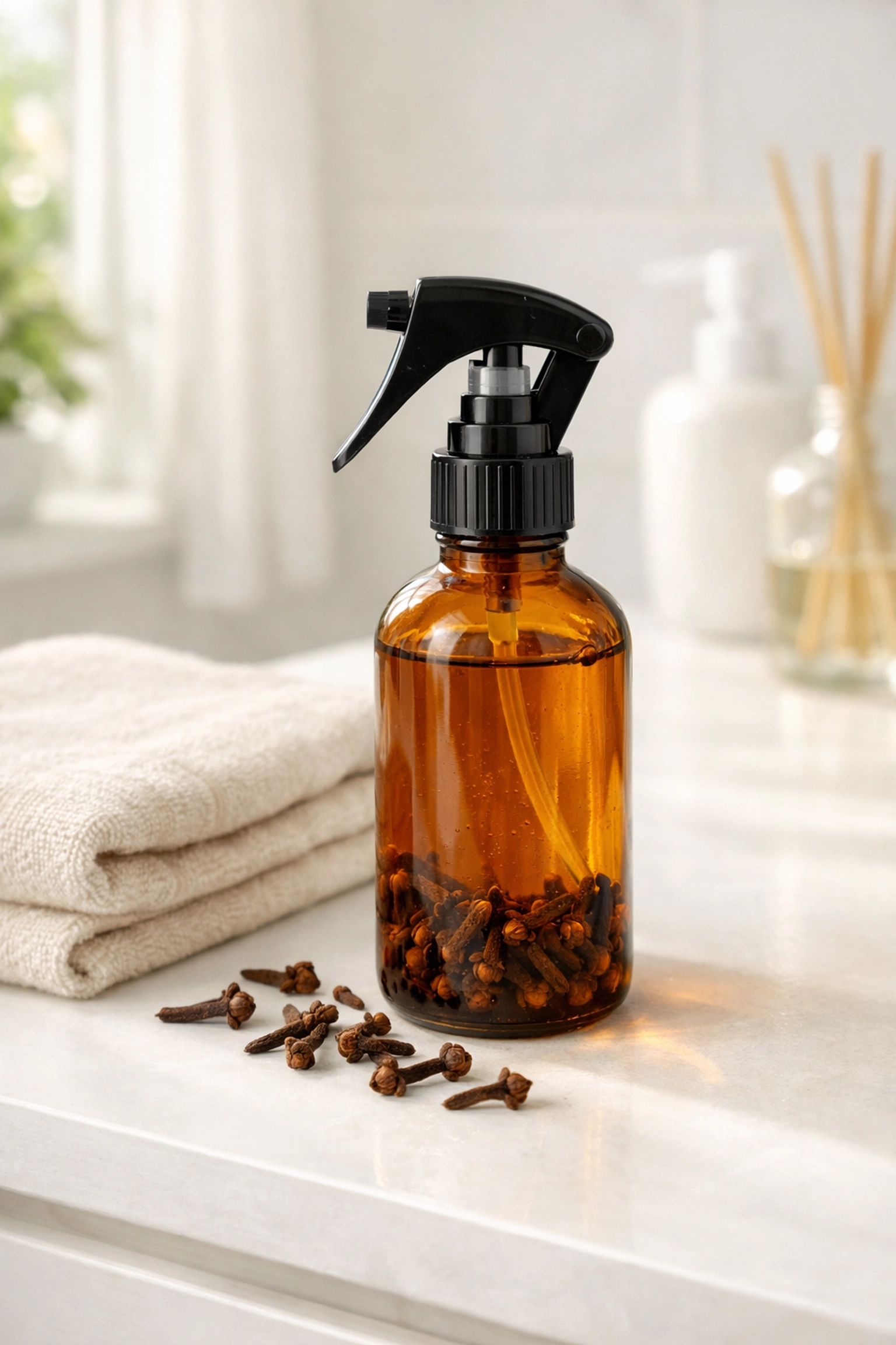 Natural clove water hair spray in an amber glass bottle for hair growth and scalp health.