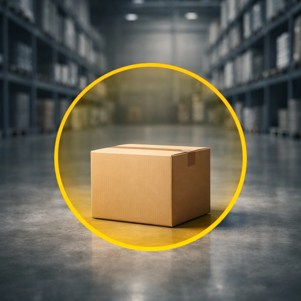 Modern warehouse interior with a sealed shipping box, representing professional Amazon FBA prep services.