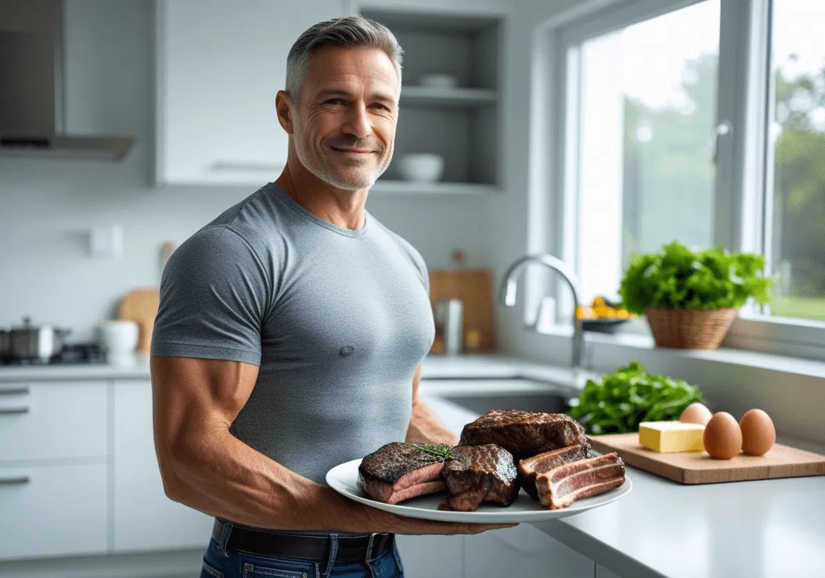 Muscular man over 40 enjoying a protein-rich carnivore meal