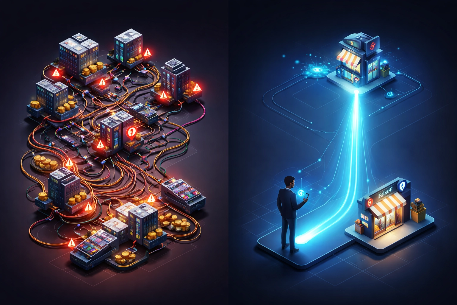 Side-by-side comparison of traditional vs Web3 payments, highlighting lower merchant interchange fees with Larecoin