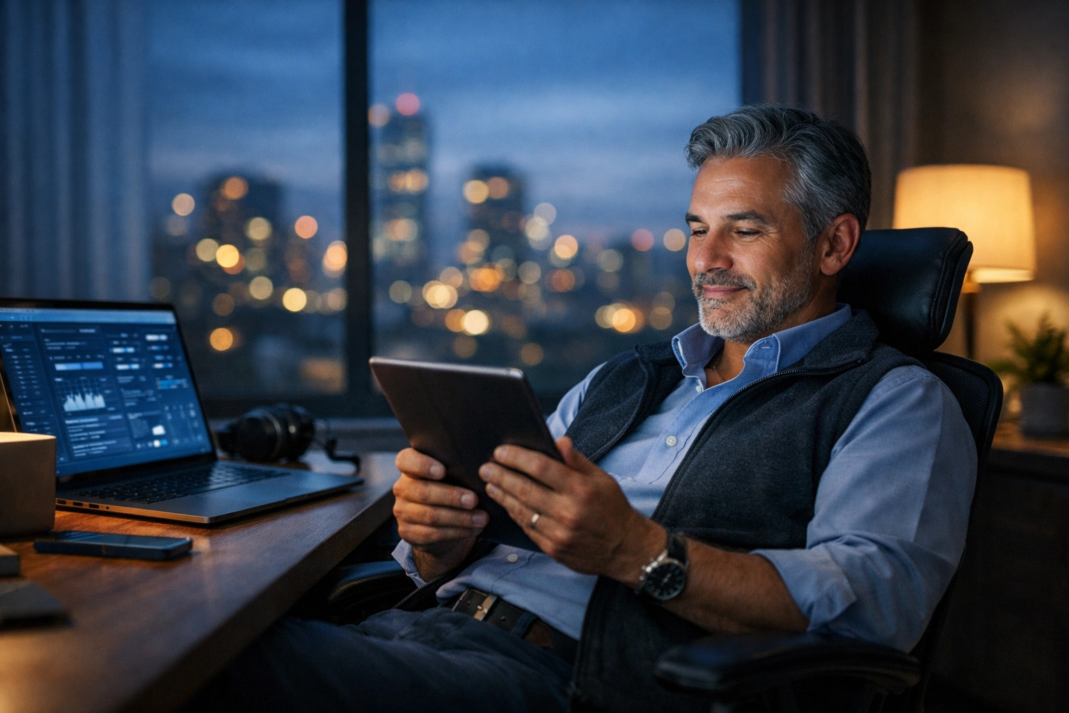 IT professional overseeing autonomous ServiceNow ITOM workflows from a modern home office setting.