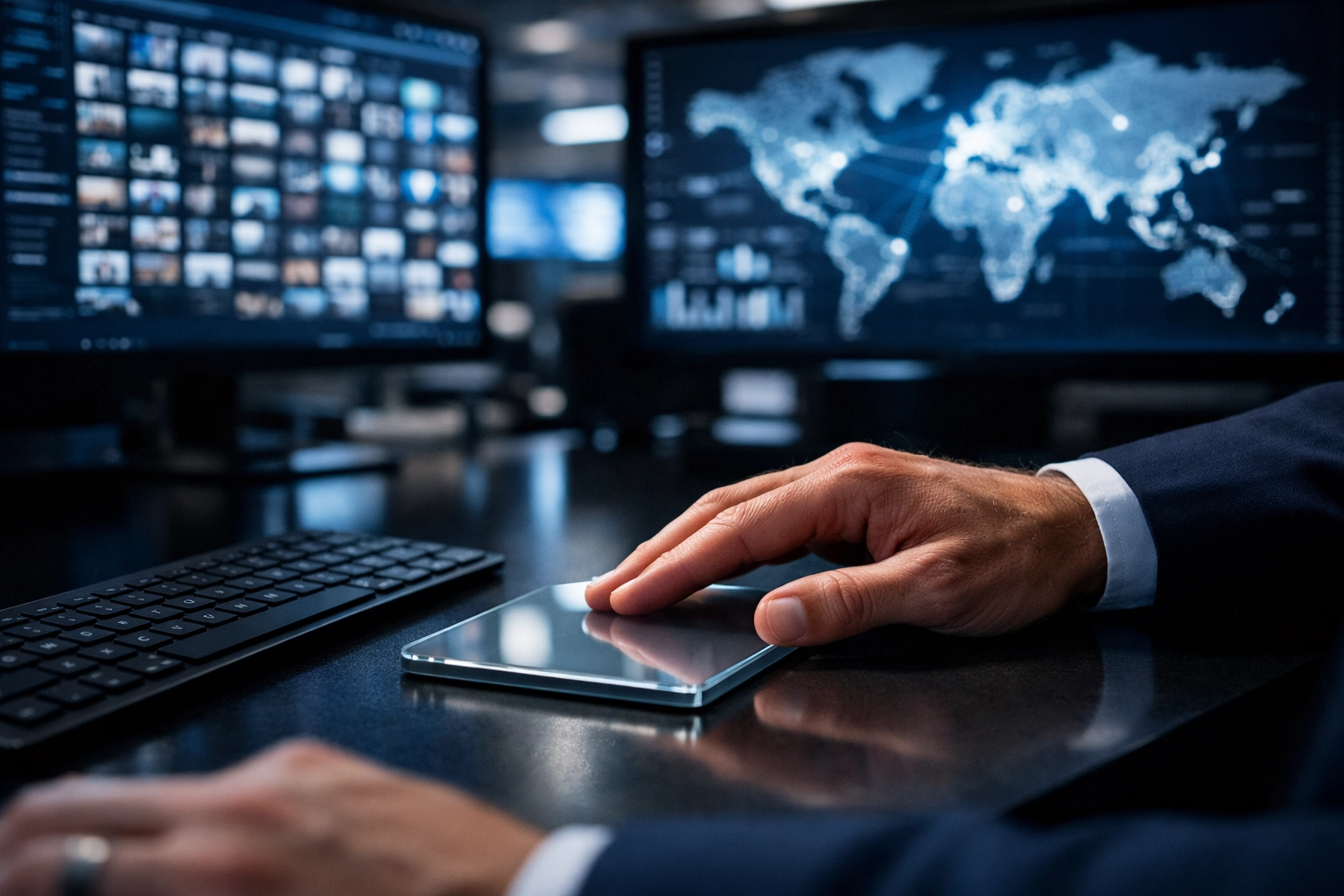 Professional media manager in a secure control room overseeing global digital asset management workflows.