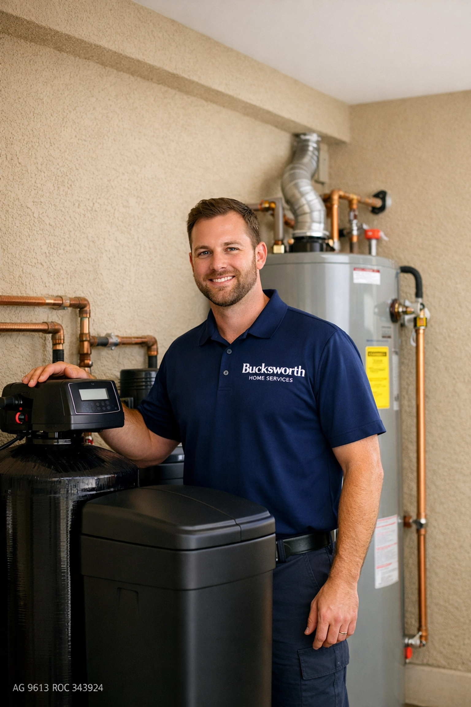 Bucksworth plumber inspecting a water softening system to address hard water in a Gilbert home.