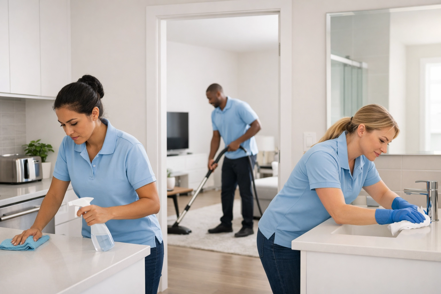 Professional cleaning crew working simultaneously in apartment during make-ready turnover