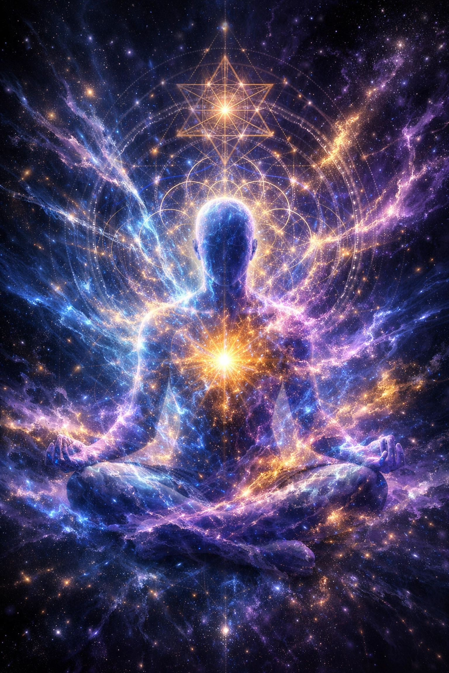 Human silhouette dissolving into a glowing nebula, representing a leader in a peak flow state.