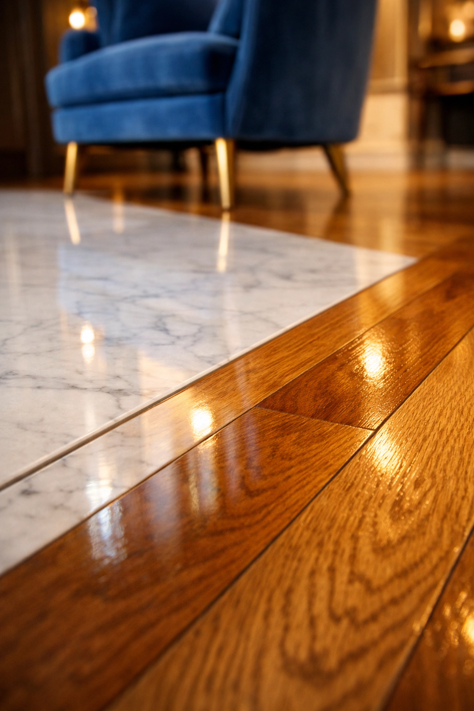 Polished marble and hardwood floors maintained by expert residential cleaning services.
