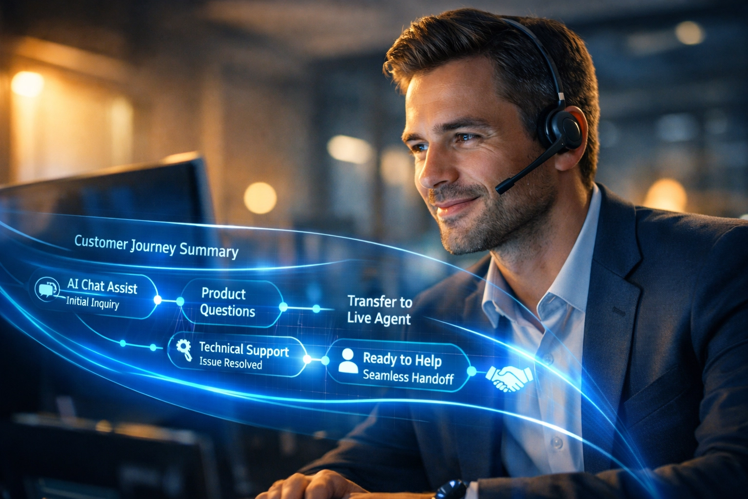 Professional contact center agent using an AI co-pilot interface for a seamless customer journey handoff.