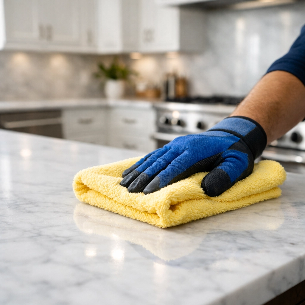 Professional cleaners in Sudbury MA wiping a marble kitchen island with eco-friendly cleaning supplies.