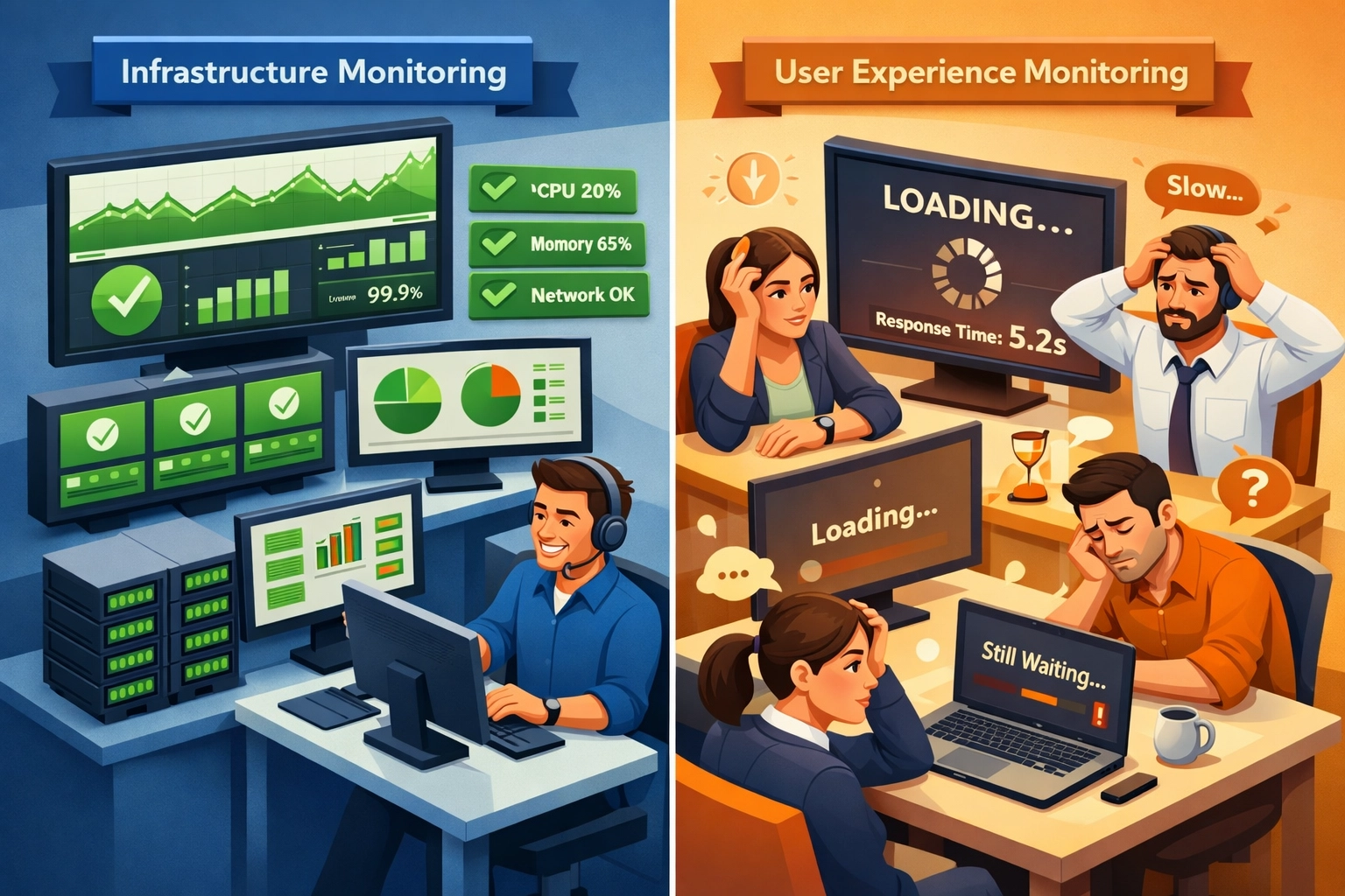 Split view comparing healthy infrastructure metrics versus poor user experience in ServiceNow ITOM monitoring