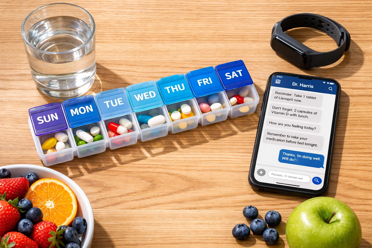 Weekly Wegovy medication organizer with smartphone showing doctor's text-based dosing guidance