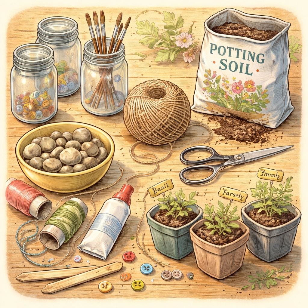 DIY herb garden supplies including mason jars, twine, pebbles, potting soil, and seedlings on a table