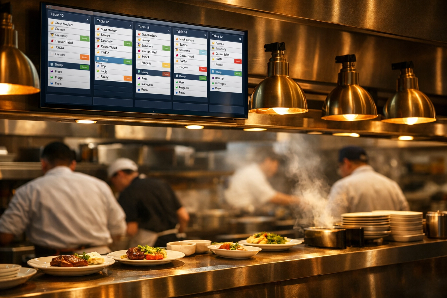 Restaurant kitchen display system showing order tickets during busy dinner service in hospitality venue