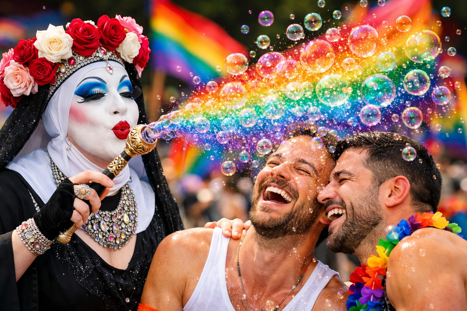 A Sister of Indulgence in drag makeup baptizing a happy gay couple with rainbow bubbles at a Pride festival.
