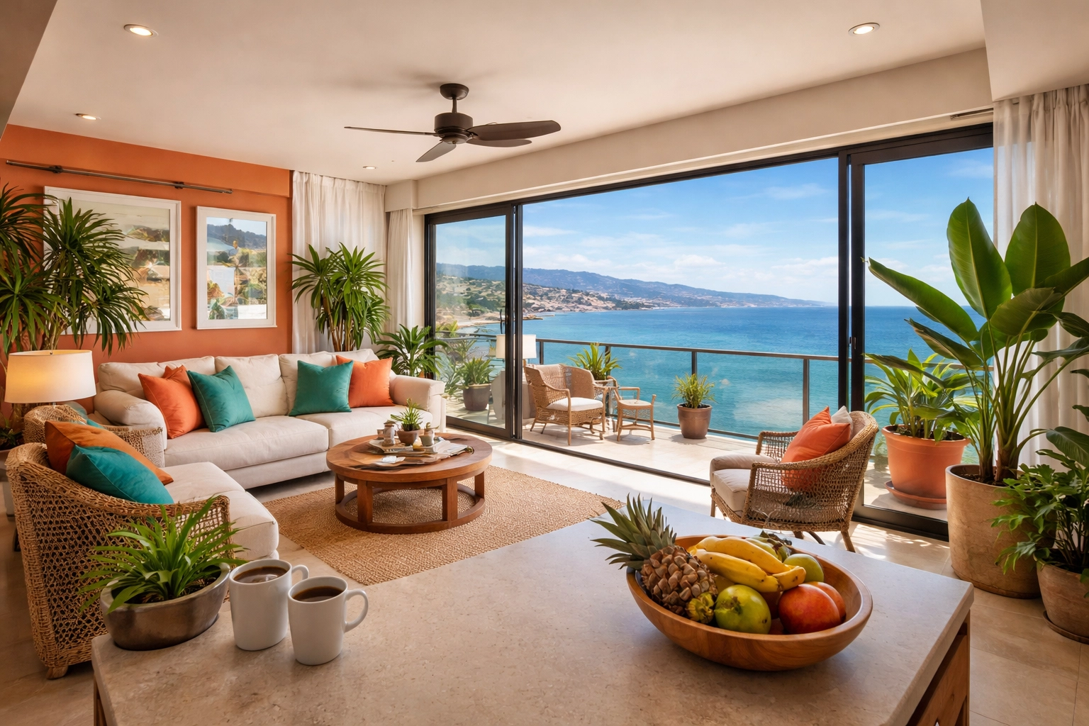 Modern Puerto Vallarta condo interior with ocean view of Banderas Bay, perfect for vacation rentals