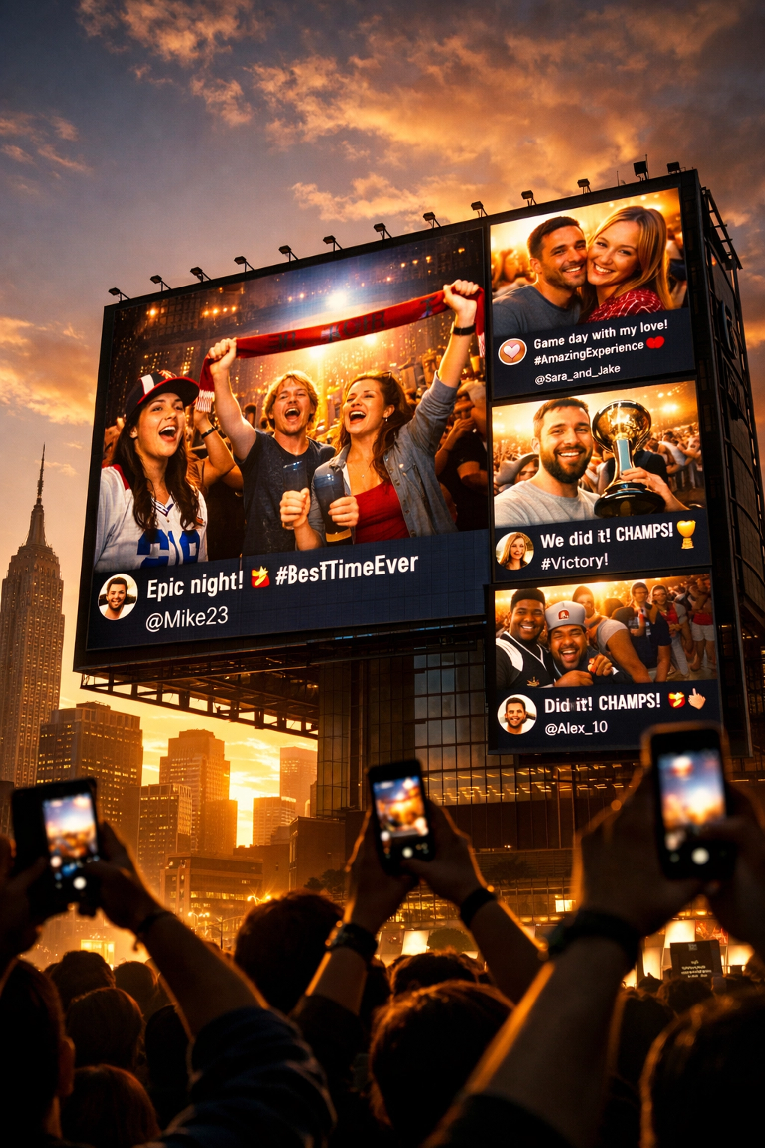 Fan-generated content displayed on digital billboard at Super Bowl 2026 activation