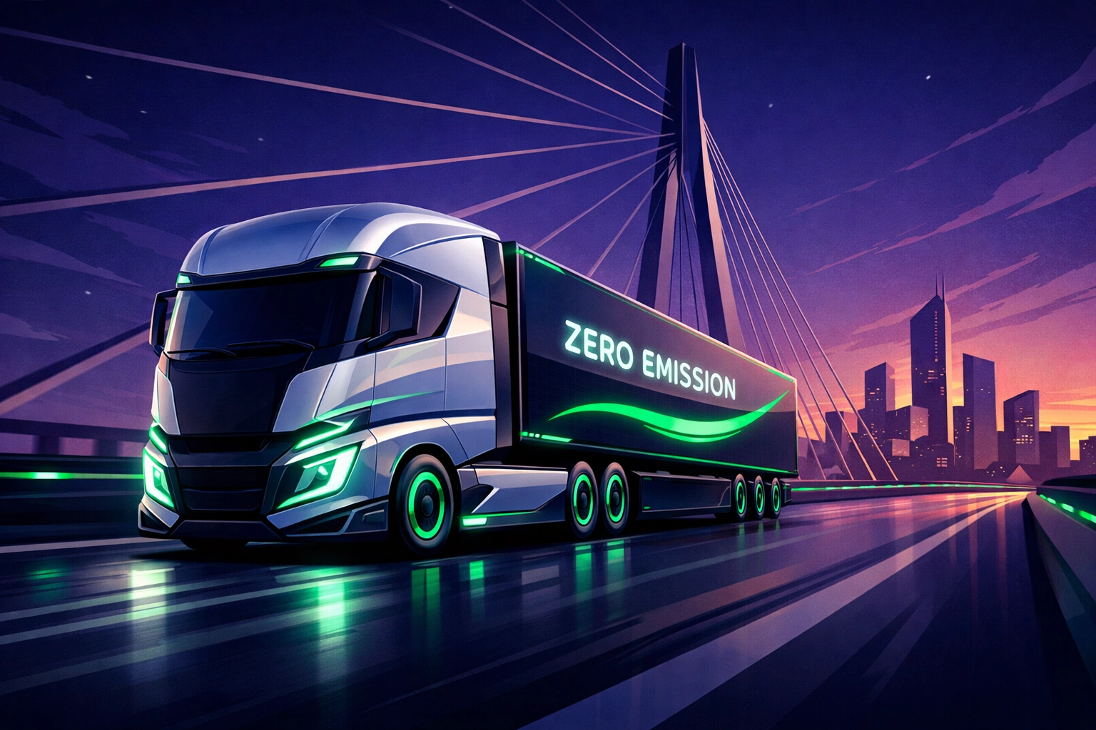 Aerodynamic zero-emission HGV on a bridge, illustrating green transport trends in the North West logistics sector.