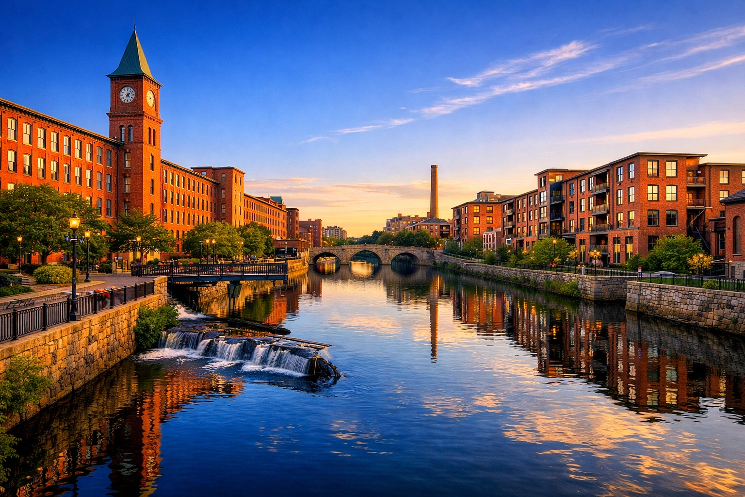 Scenic view of Lowell's historic mill buildings and canals near a move-in/move-out cleaning Lowell site.