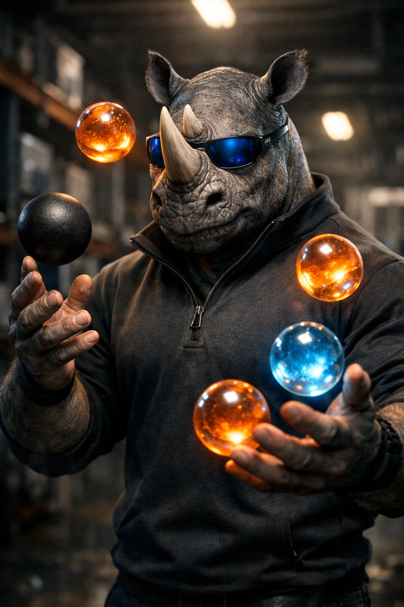 Ramblin' Rhyno juggling glass spheres in a warehouse, symbolizing HVAC business owners' work-life balance.