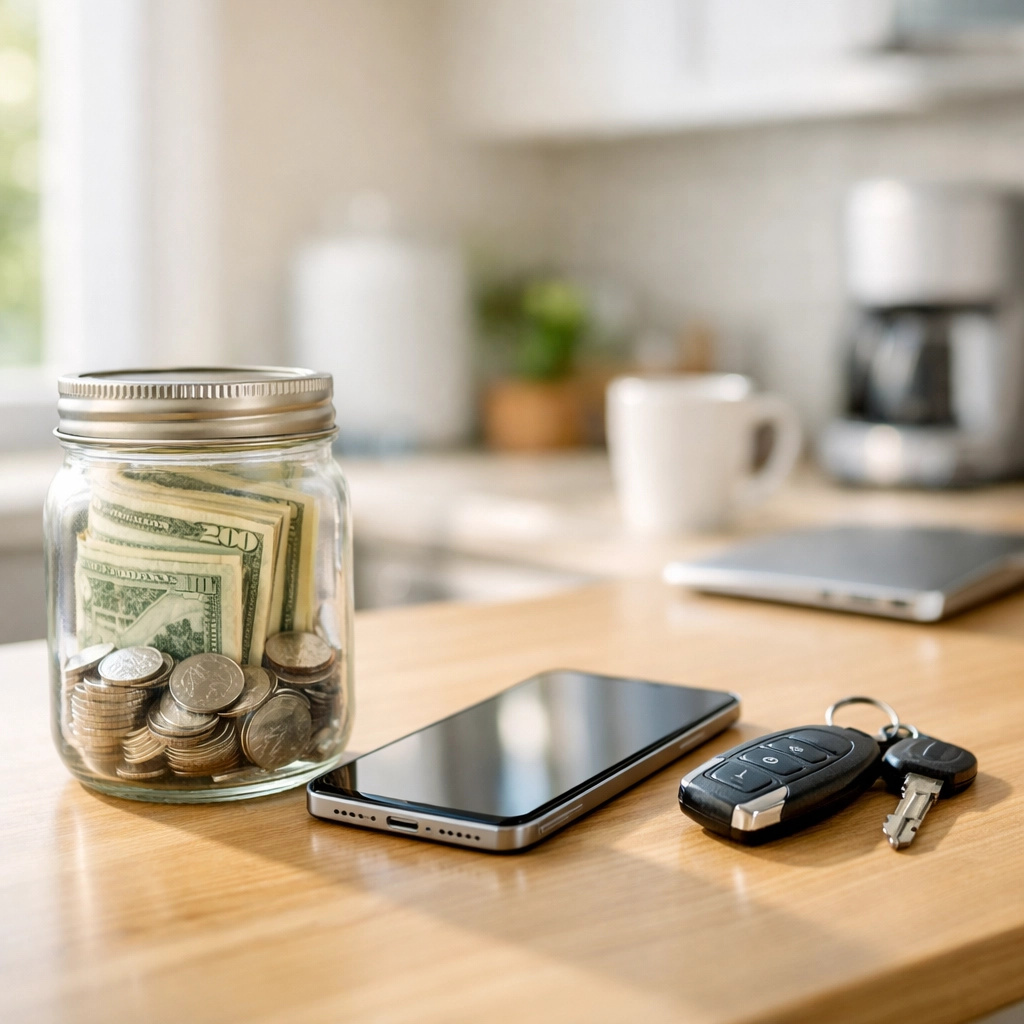 Modern home workspace with income savings jar and smartphone representing gig worker tax benefits.