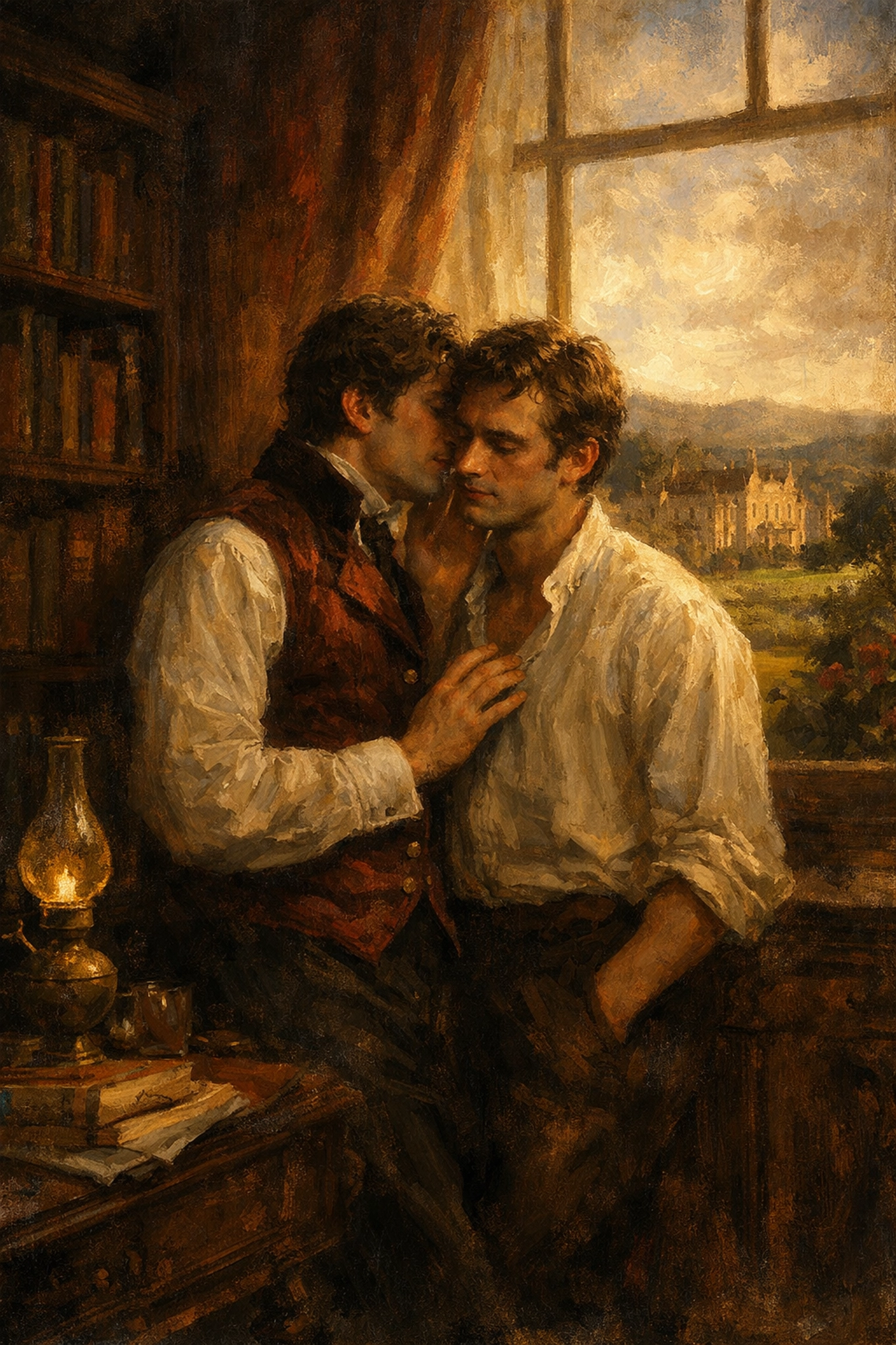 Two men in Victorian attire share a secret moment in a library, representing gay historical romance novels.