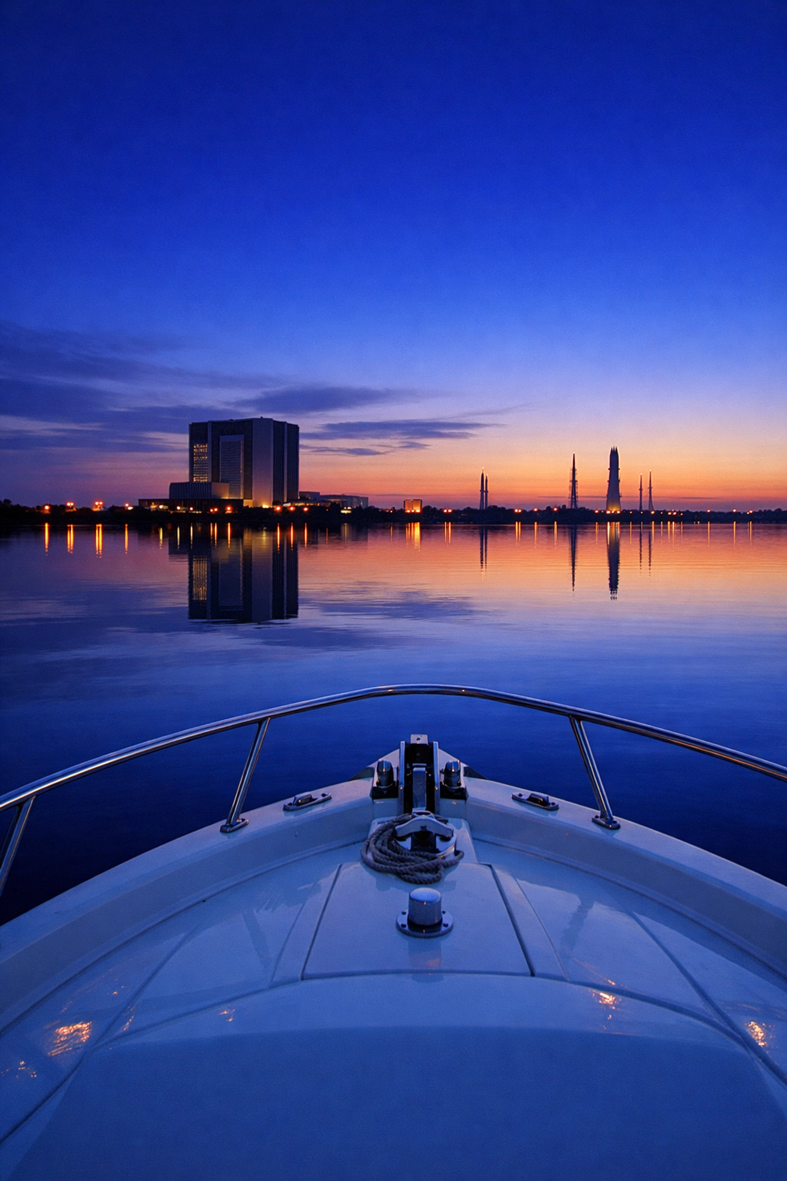 Cape Canaveral skyline and VAB reflected in the Indian River Lagoon during a Cocoa Beach sunset cruise.
