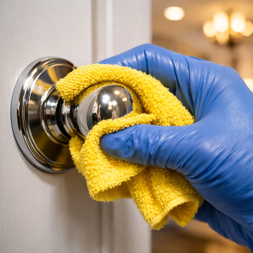 Person in blue gloves disinfecting a polished chrome door knob with a yellow microfiber cloth.