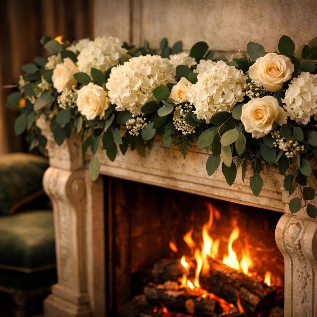 Stone fireplace with floral garland in a bridal suite for a chill out moment.