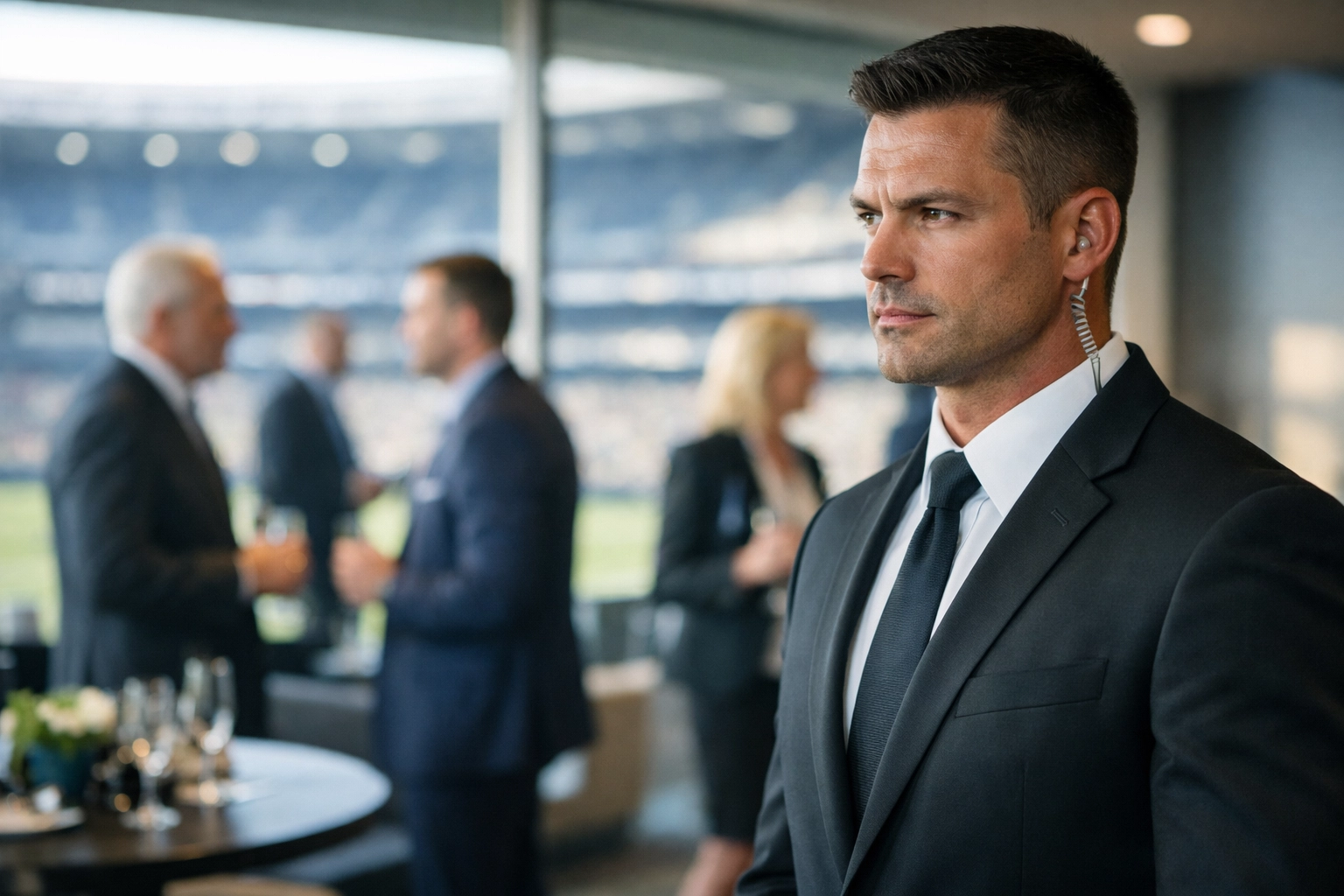 VIP security professional overseeing executive protection at Super Bowl corporate hospitality suite