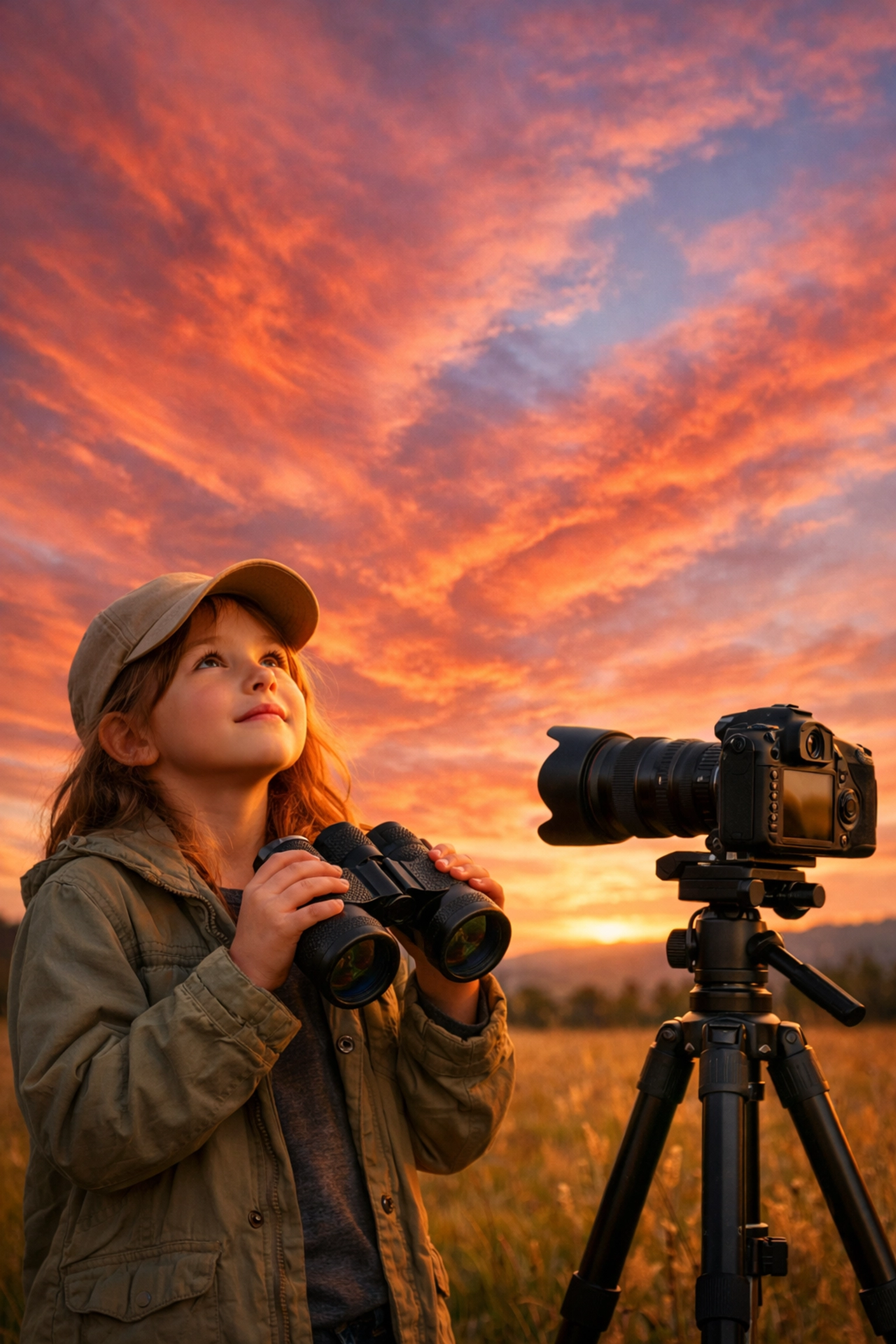 A young girl using professional photography gear to capture a stunning sunset during a family vacation.