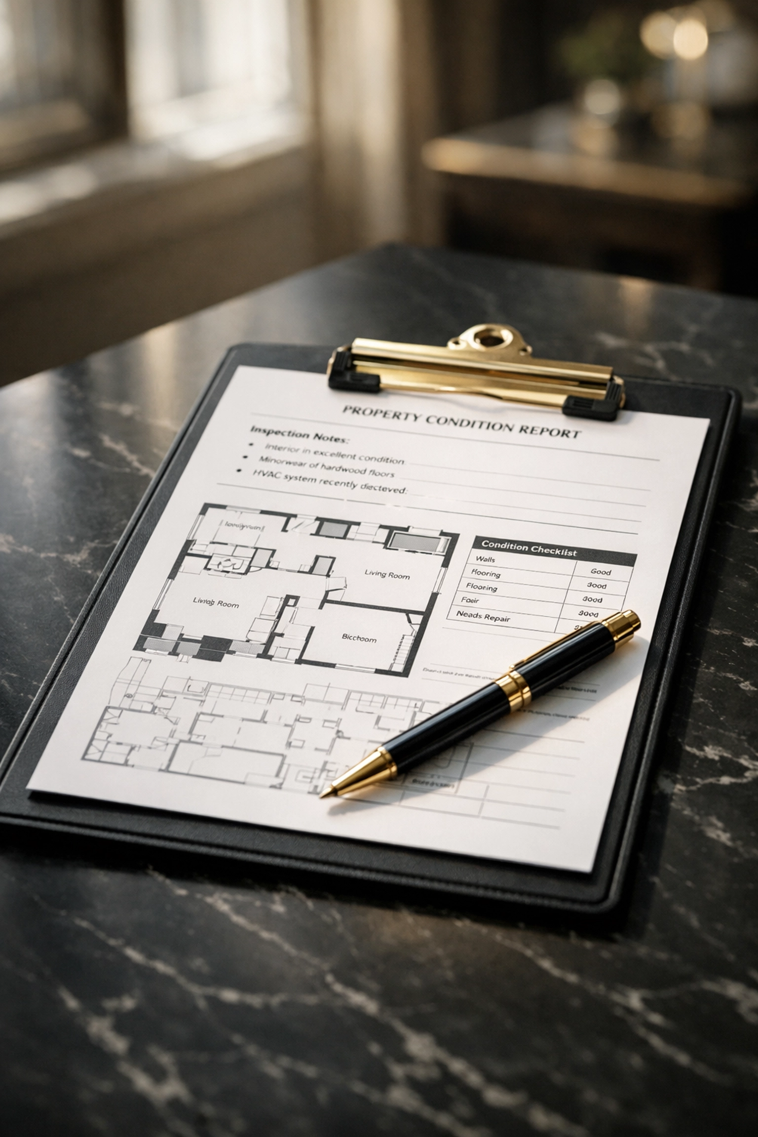 Property inventory documentation with clipboard and pen for rental property management