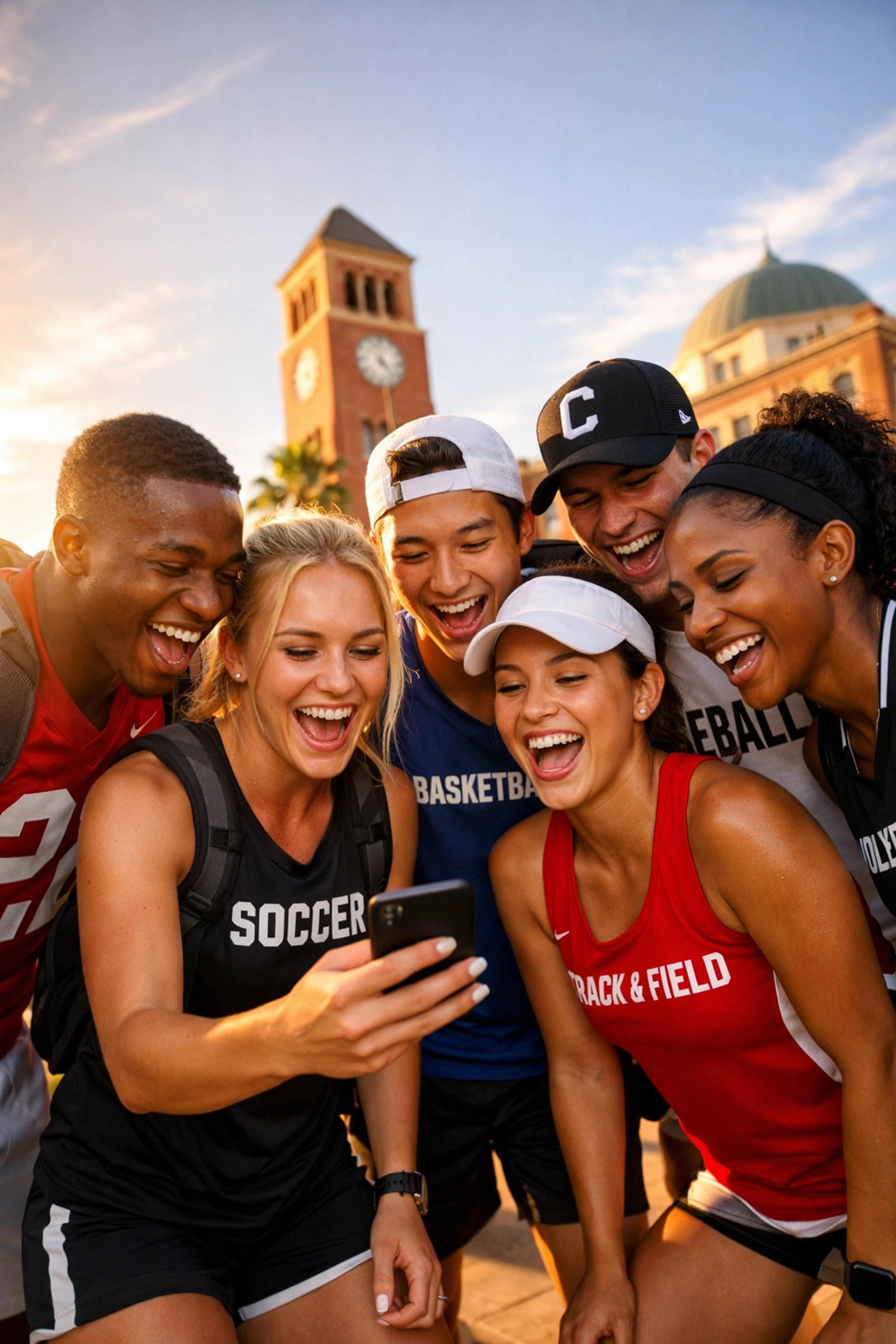 Diverse student-athletes on campus sharing authentic NIL content on a smartphone.