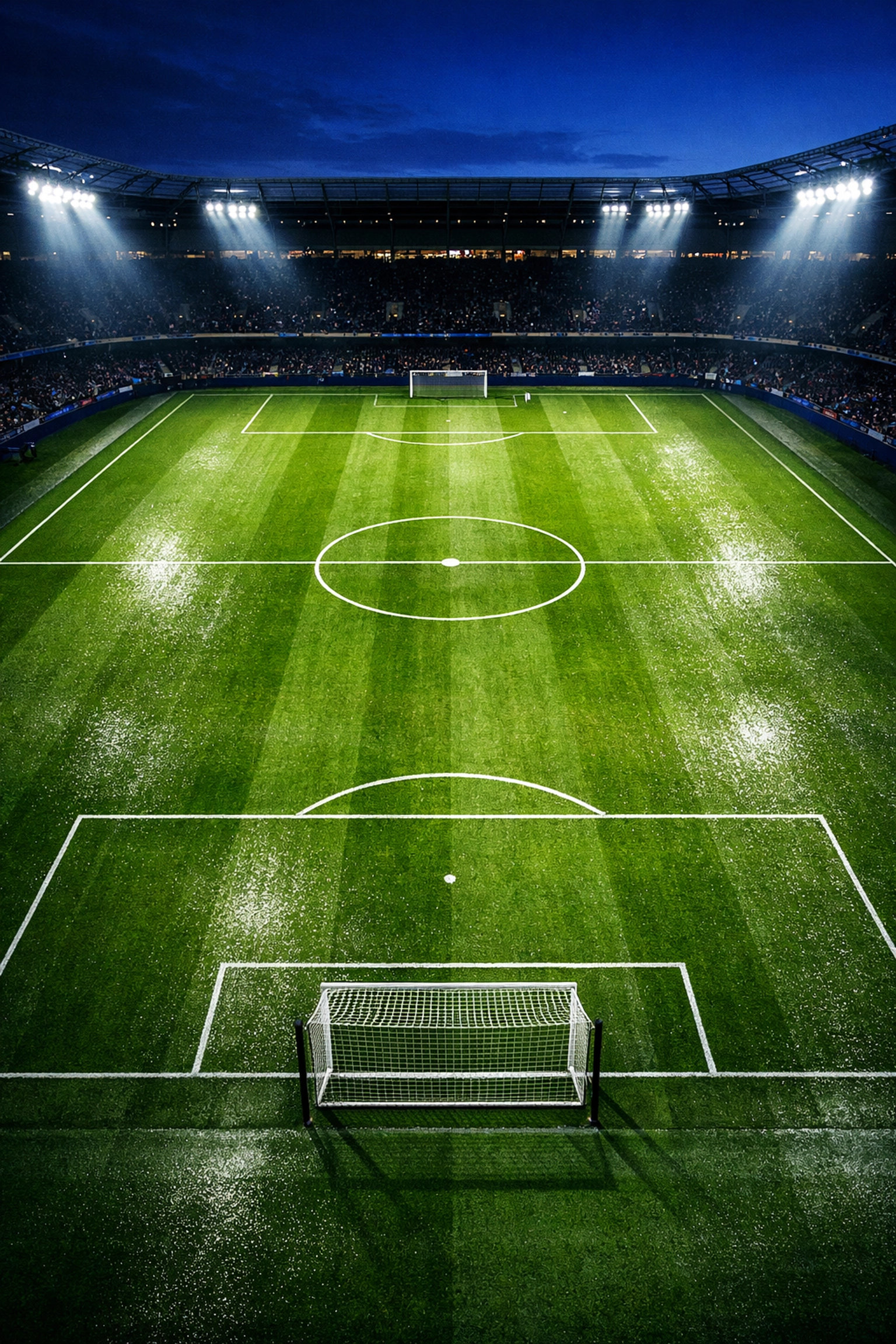 Fußballstadion unter Flutlicht mit perfekten Rasenbedingungen für 2. Bundesliga Abendspiele