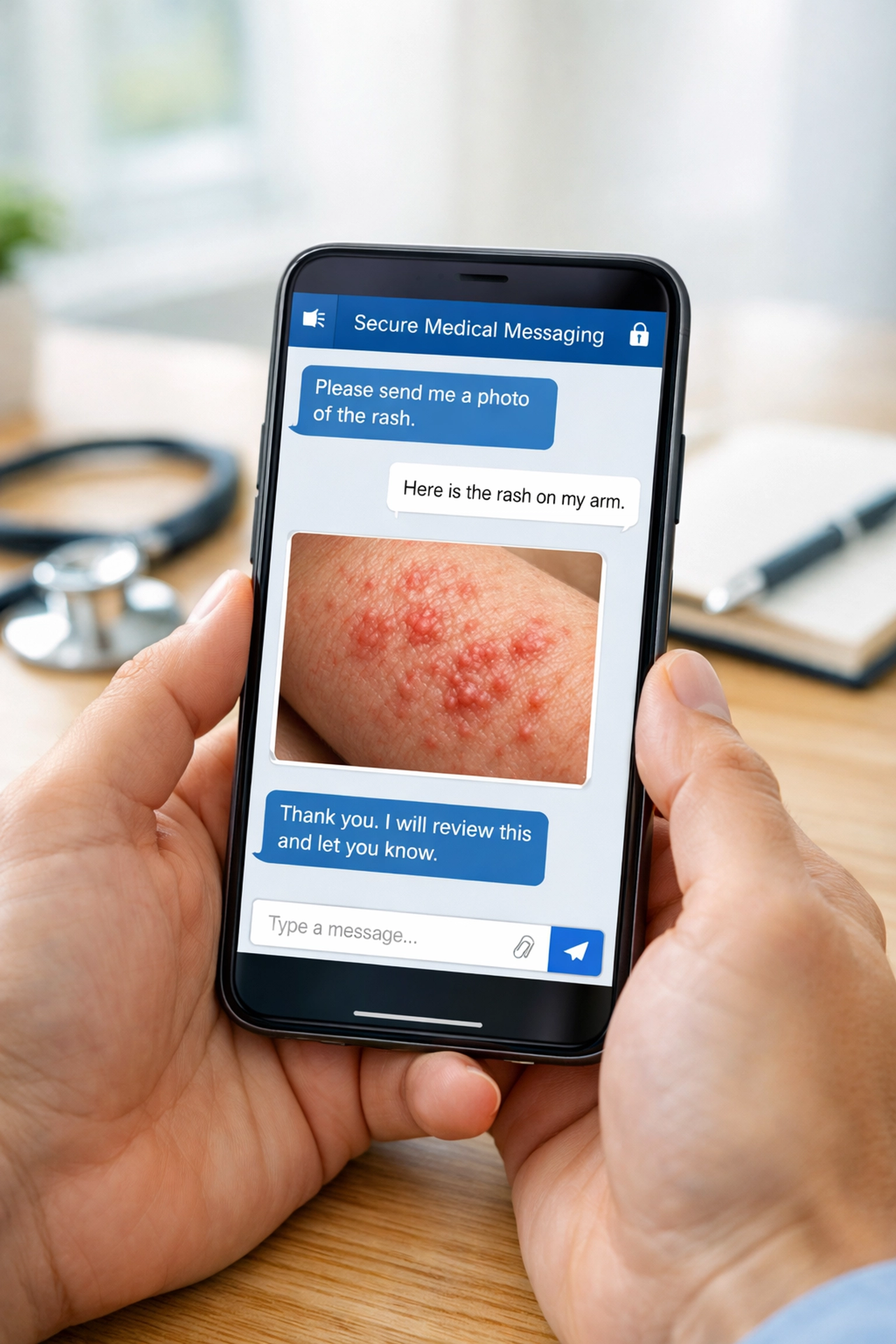 Person using secure medical messaging on a phone to chat with a doctor 24/7 about a skin rash diagnosis.