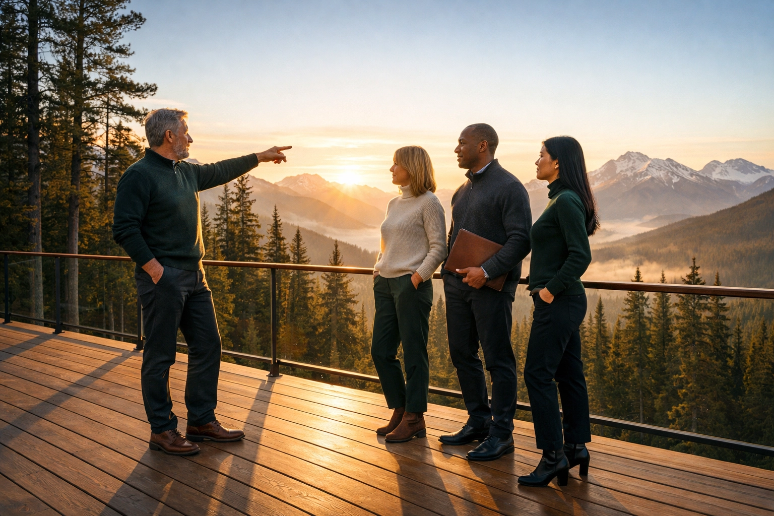 Executive leadership team at mountain retreat discussing strategic alignment and operations