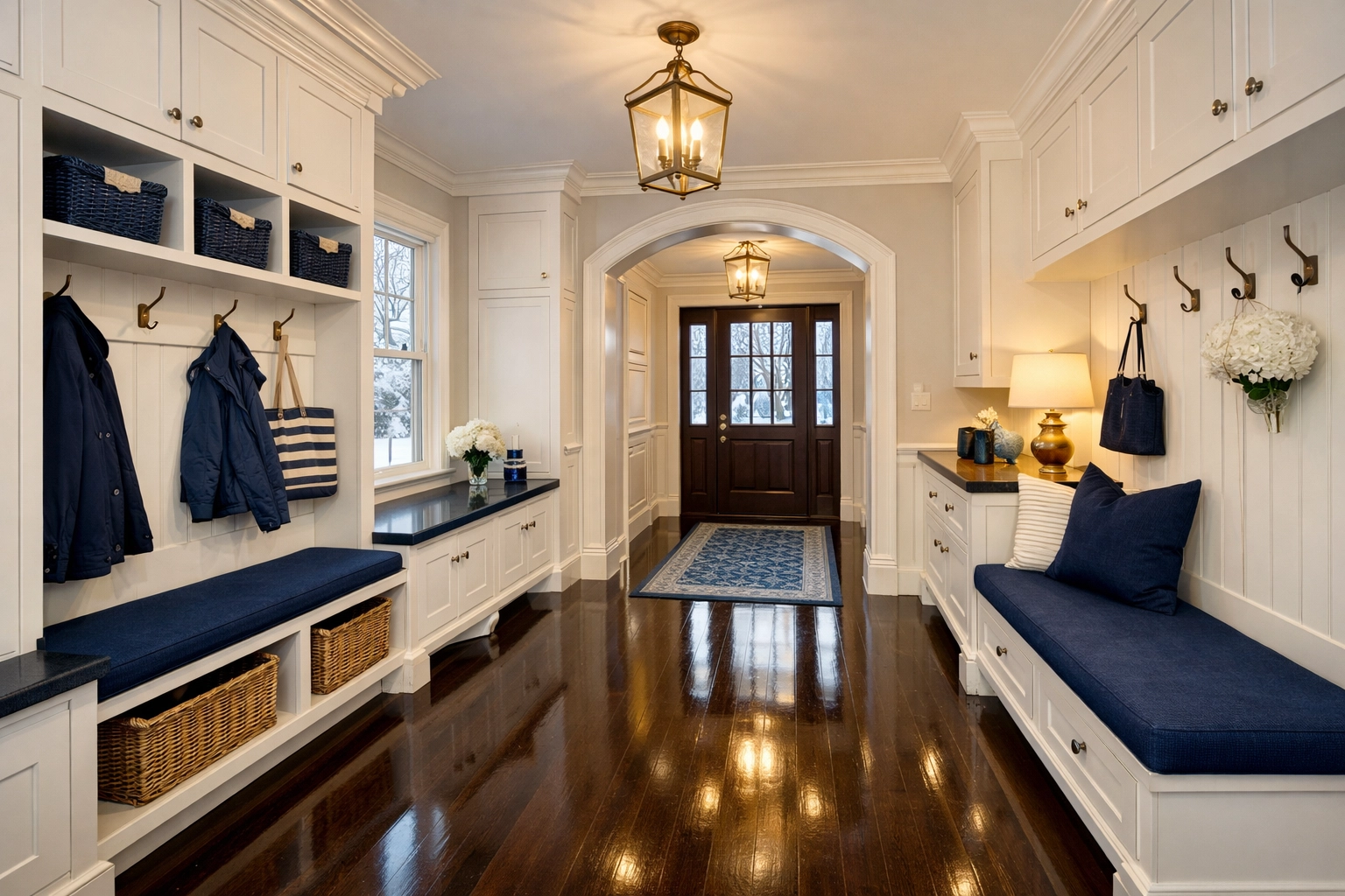 Pristine Massachusetts mudroom with clean hardwood floors after professional deep cleaning services.