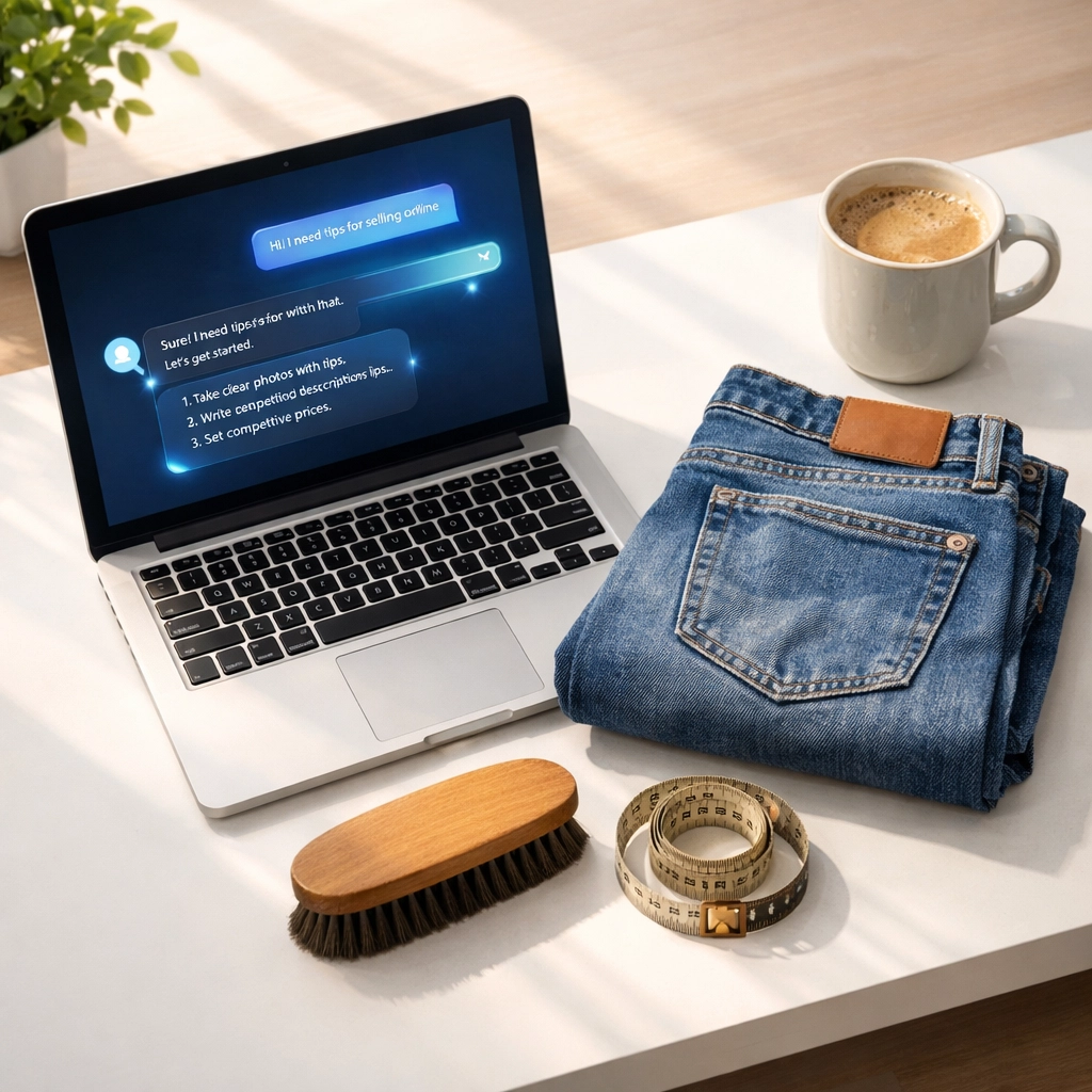 Reseller workspace using AI on a laptop to generate keyword-rich eBay descriptions for clothing listings.