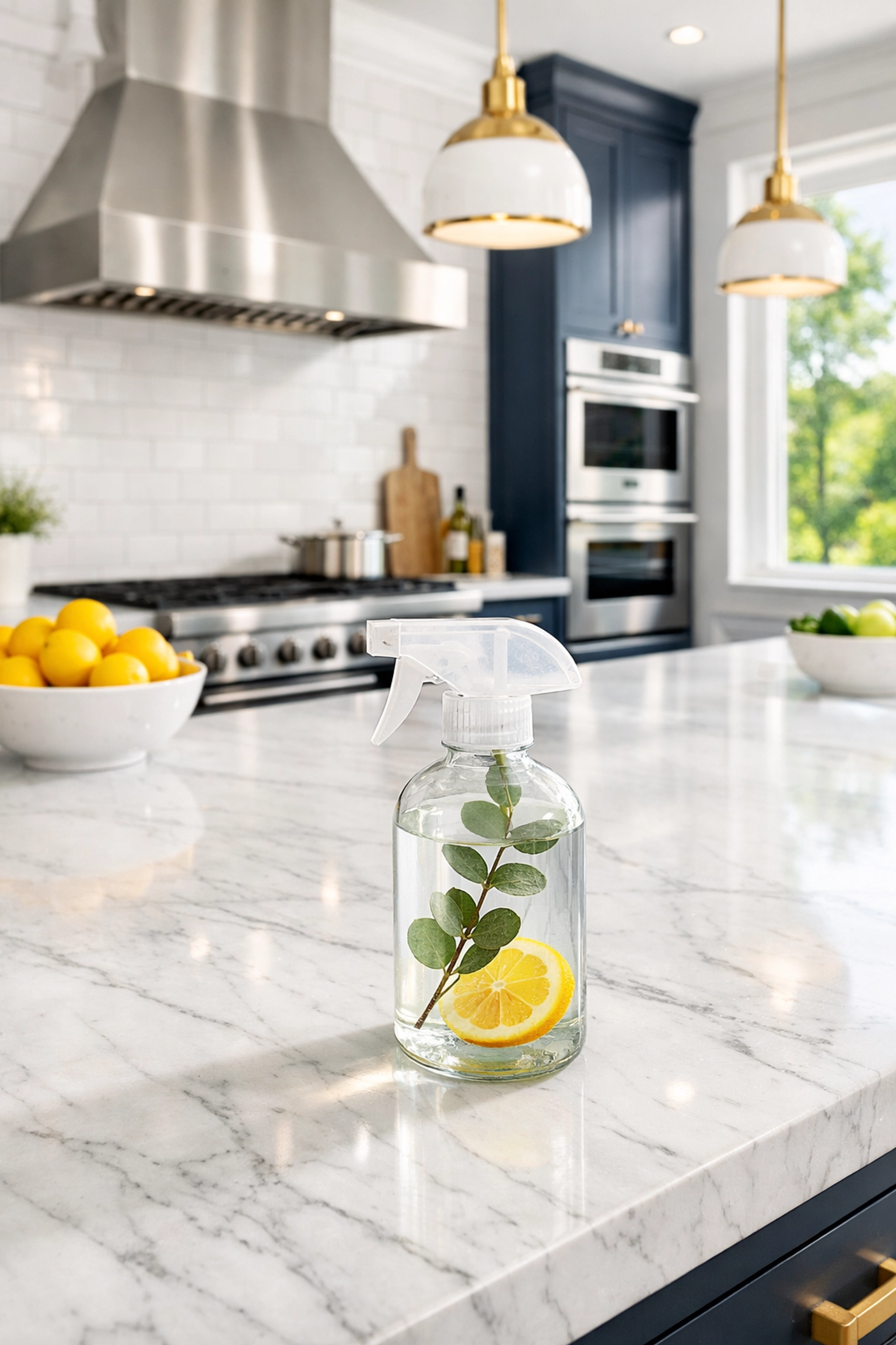 Eco-friendly luxury house cleaning in a modern Westwood kitchen with marble countertops.