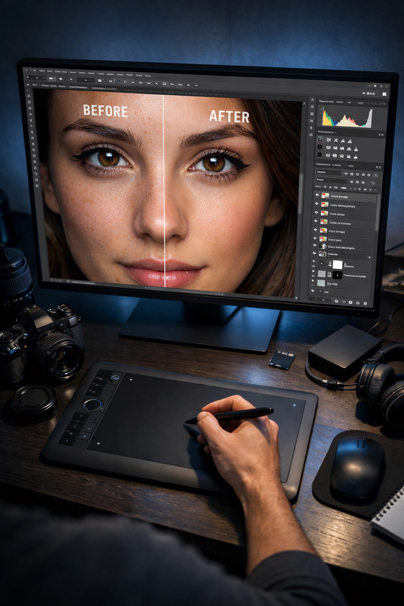 Photographer workspace displaying portrait photography techniques for skin retouching and editing.