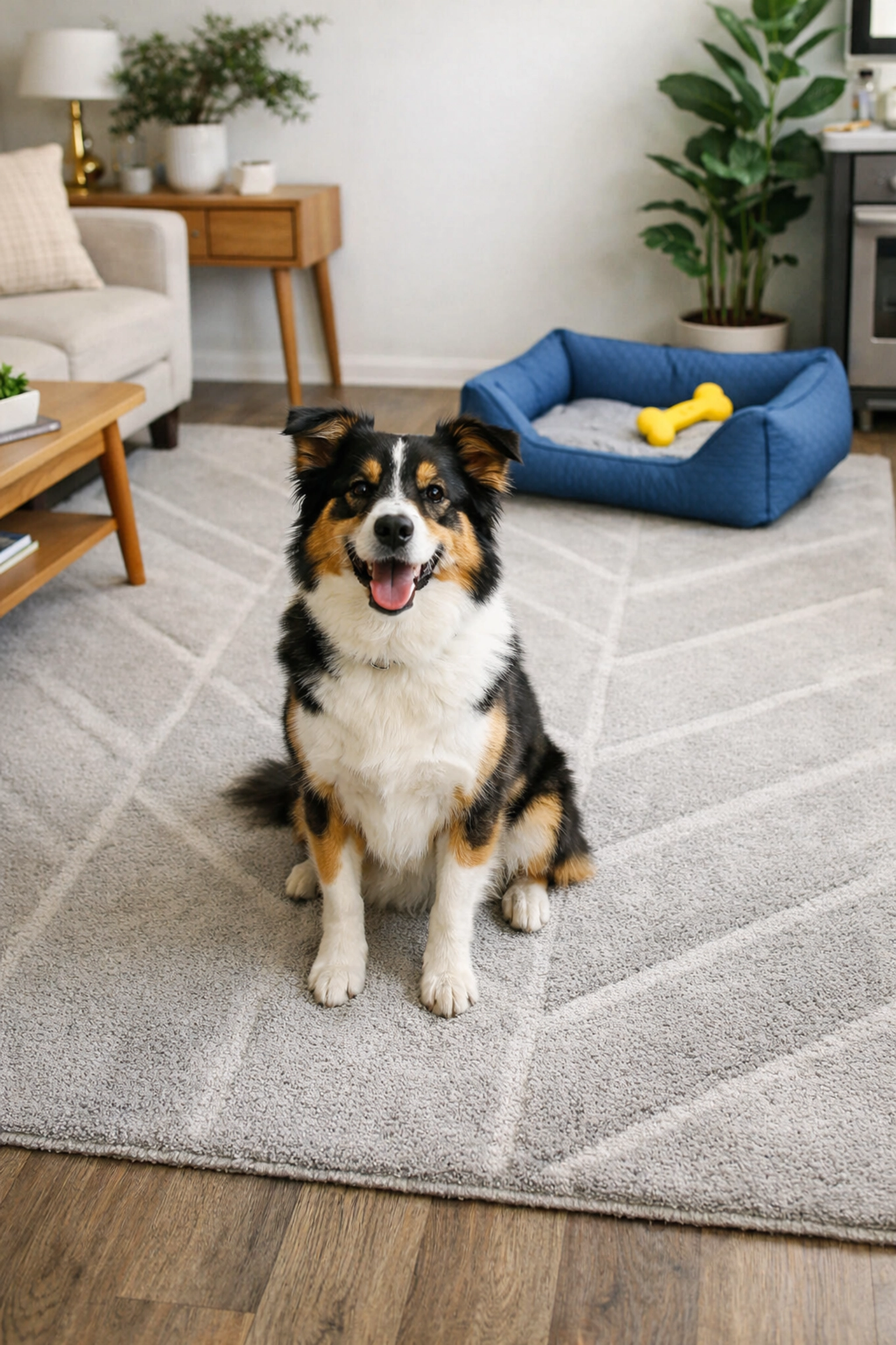 Pet-friendly professional cleaning results on a vacuumed rug in a clean apartment.