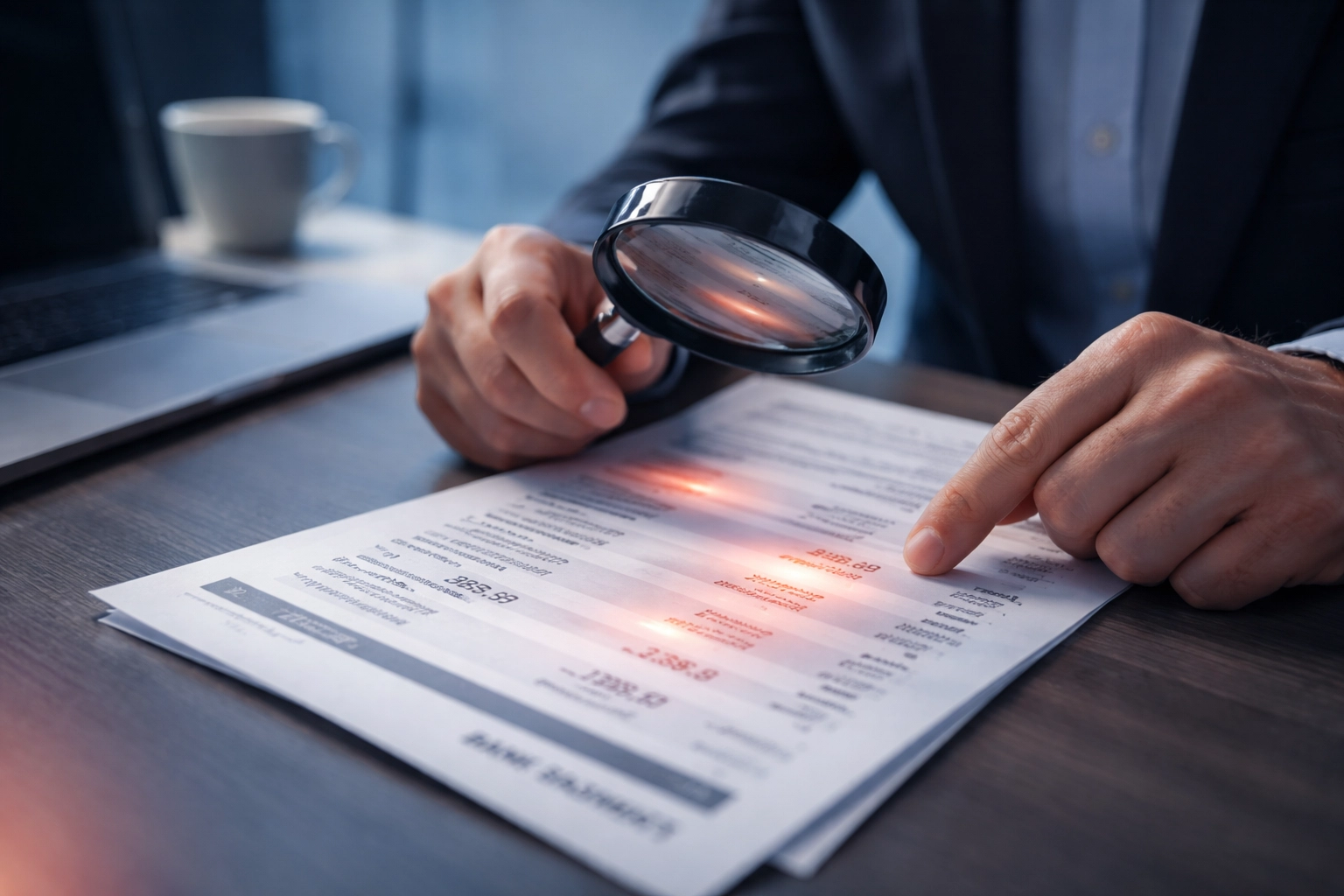 Business owner identifying recurring charges with a magnifying glass