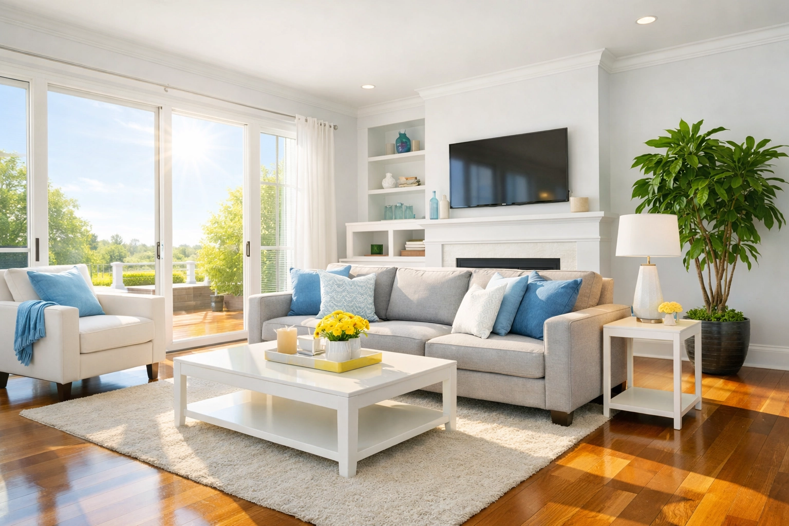 Sunlight filling a dust-free Westford living room after a professional deep cleaning session.