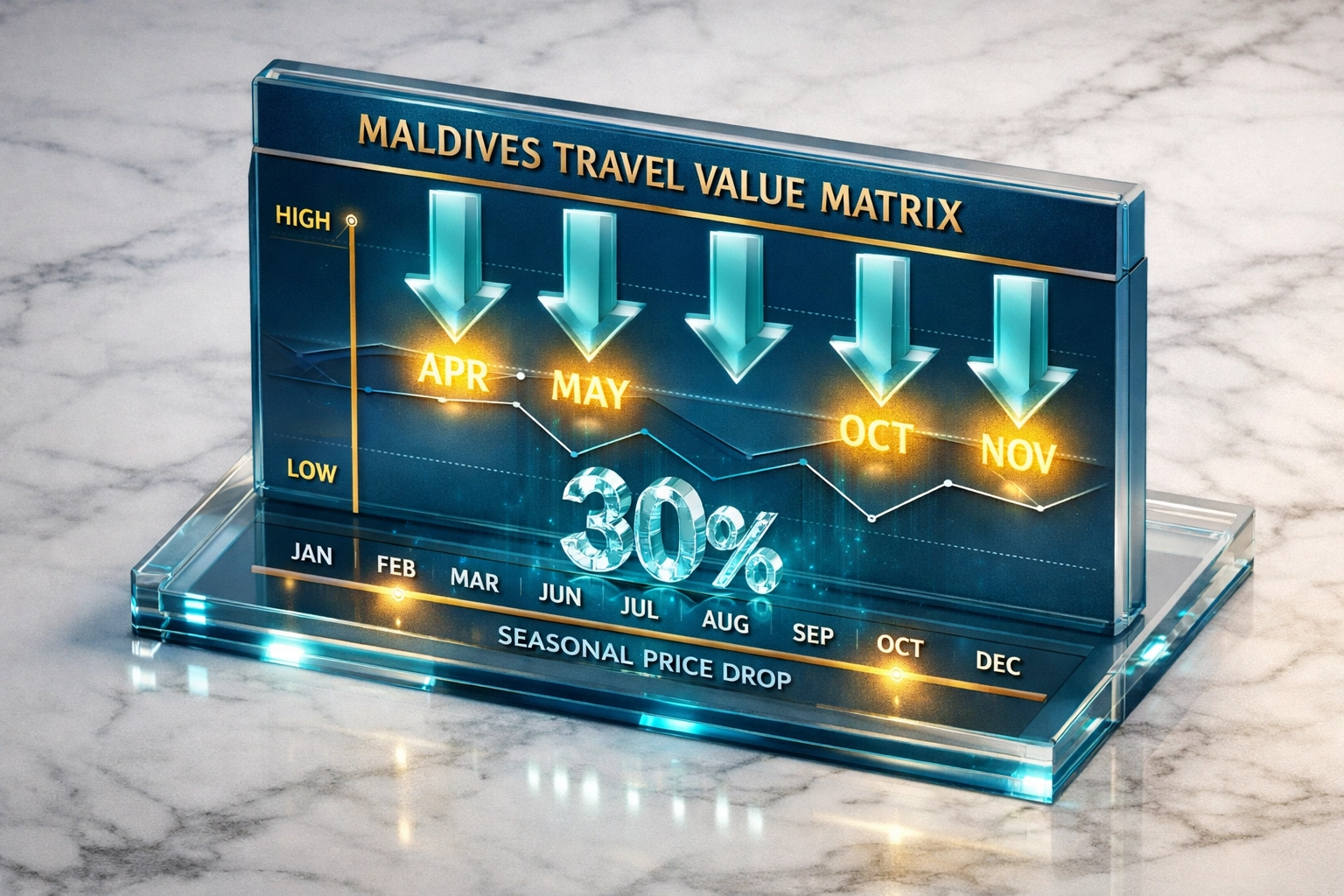 Infographic showing 30% savings on Maldives luxury resorts during April, May, October, and November.
