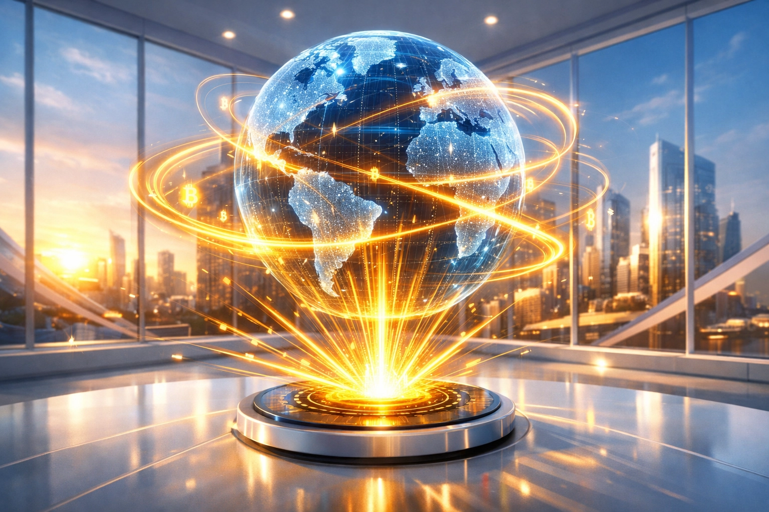 A glowing digital network representing Larecoin as the operating system for global Web3 trade.