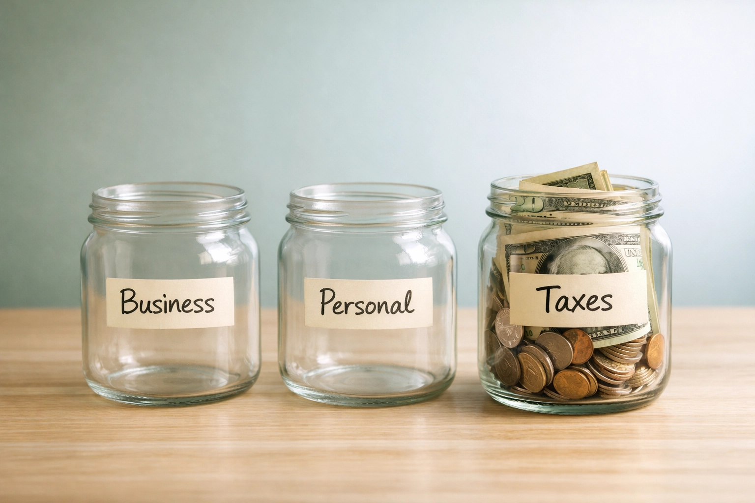 Three labeled jars showing bucket system for organizing business, personal, and tax savings