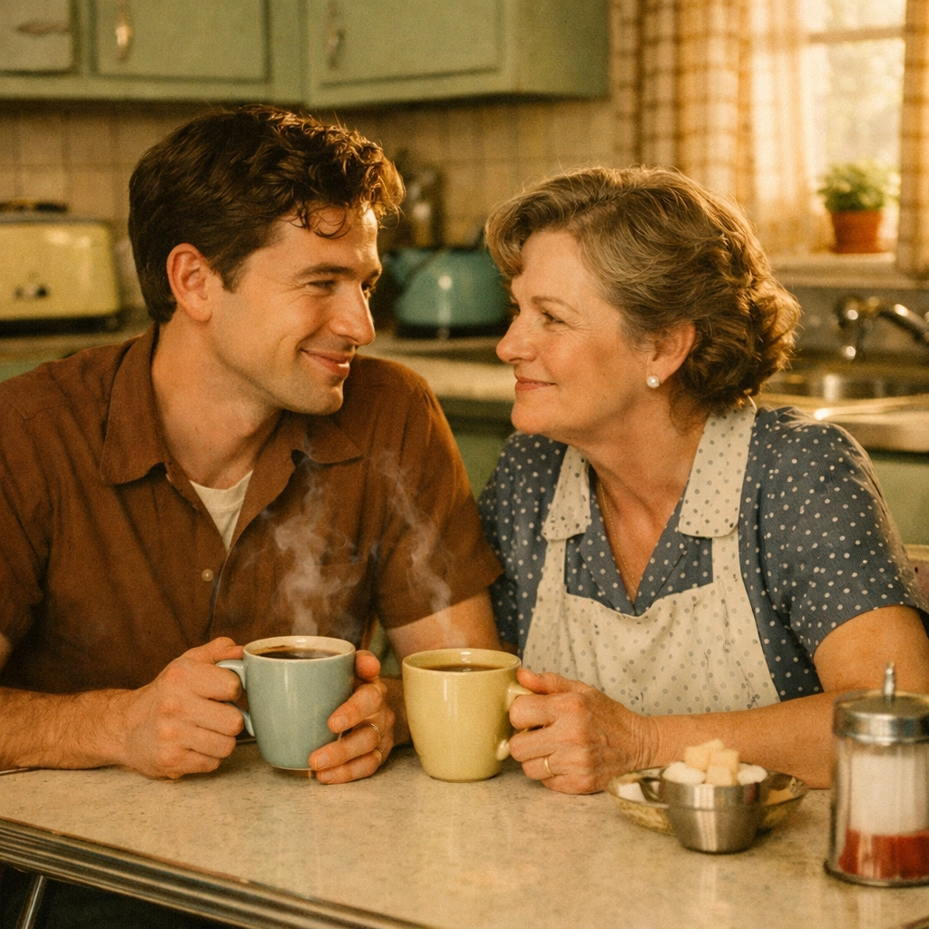 1950s gay son and mother laughing over coffee in a kitchen sanctuary, reflecting mid-century queer history.