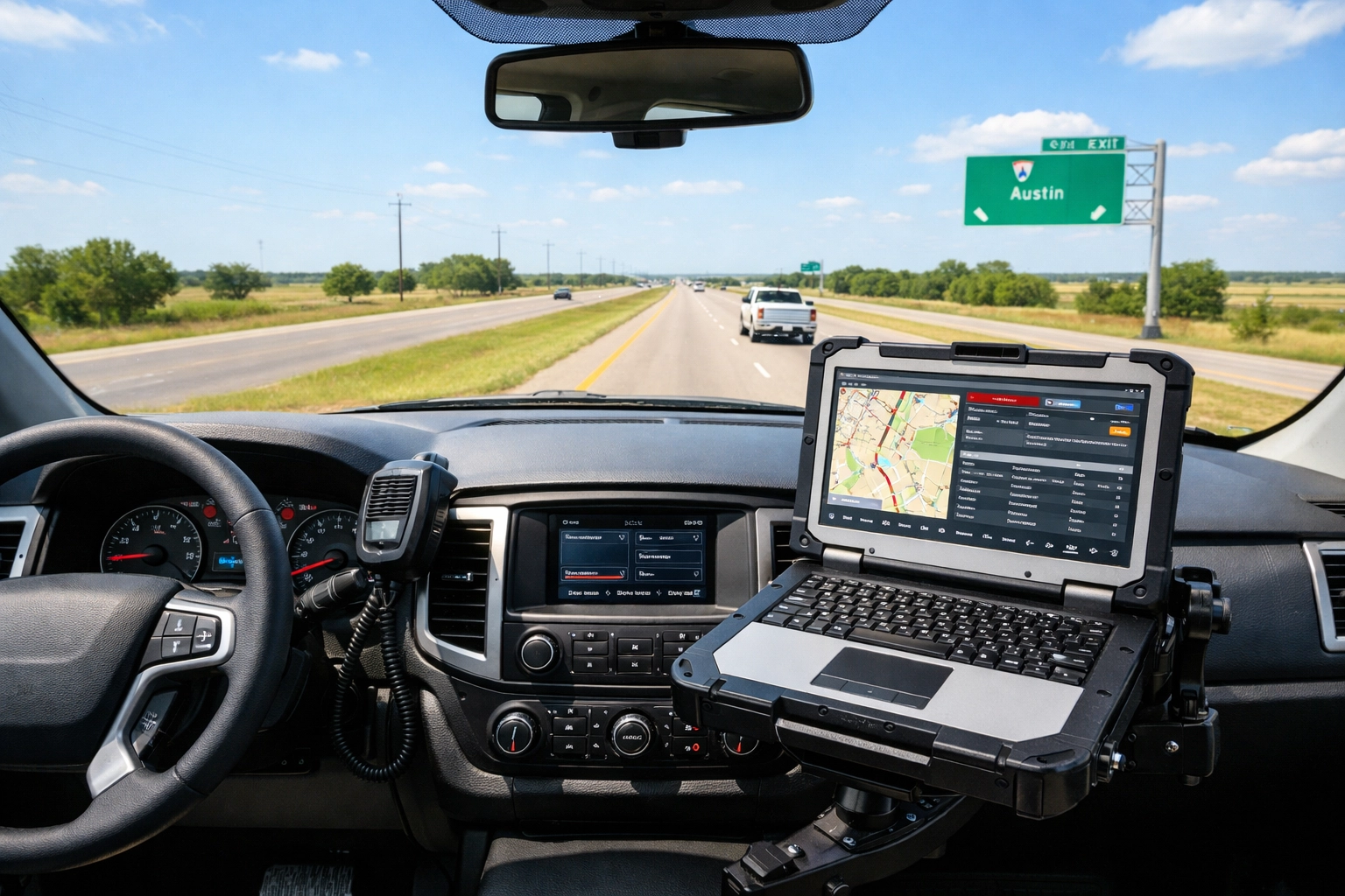 Ergonomic laptop mount in a public safety vehicle ensuring a clear line of sight for the driver.