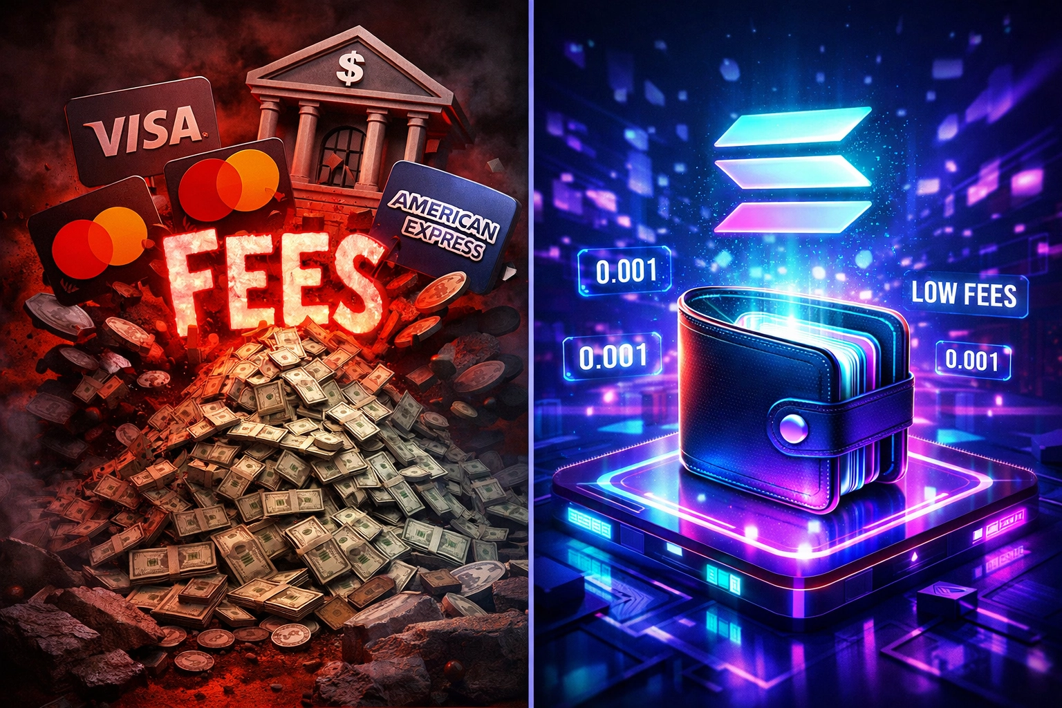 Traditional merchant interchange fees versus Web3 blockchain payment costs comparison visualization
