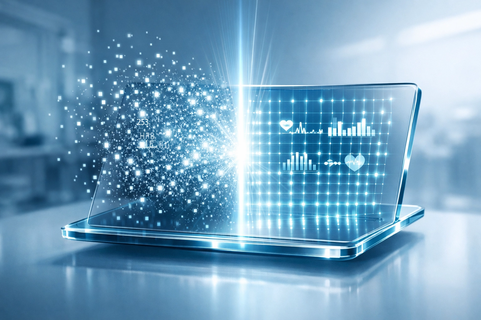 Digital tablet organizing chaotic patient data into a structured grid for efficient AI-powered medical intake.