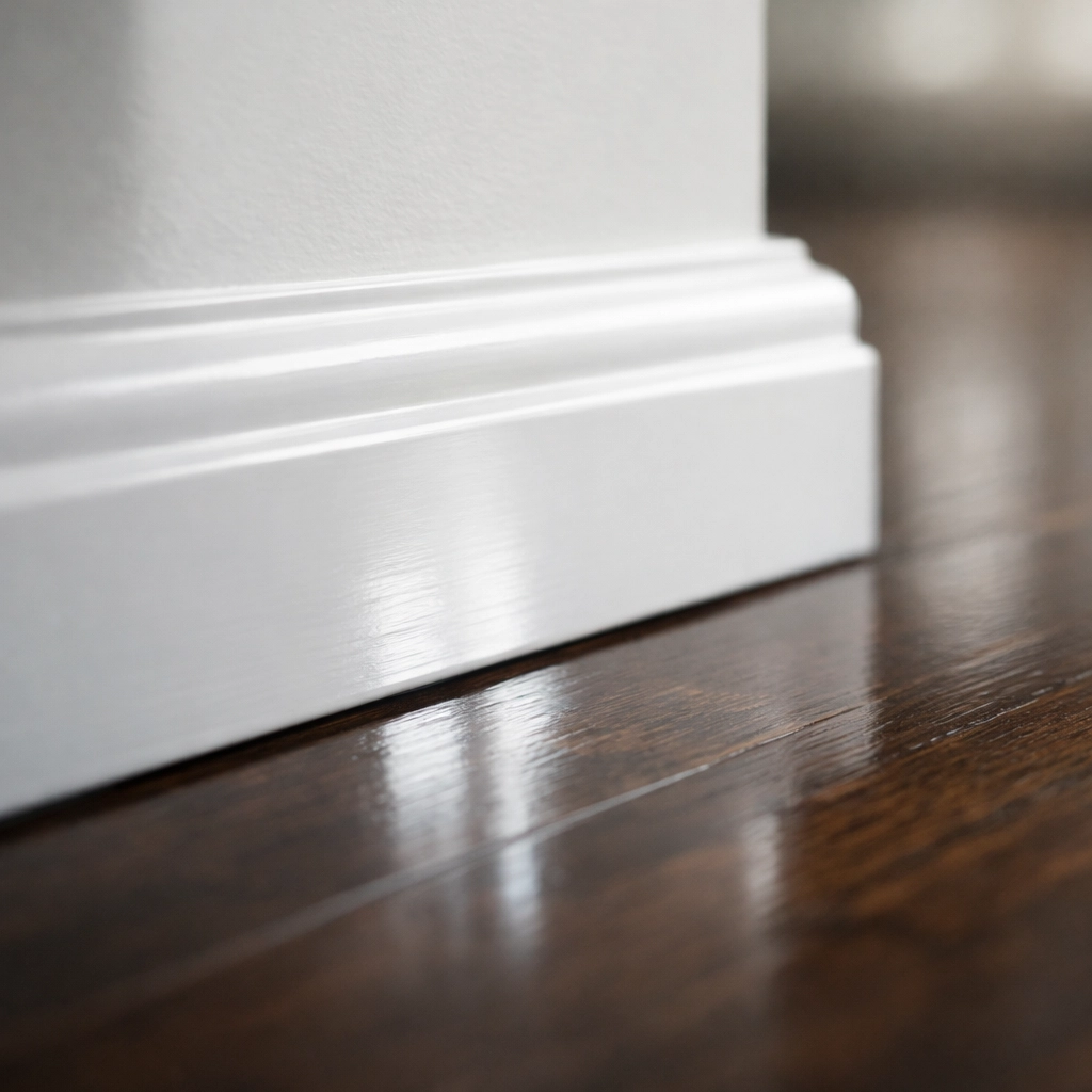 Close-up of clean white baseboards and dust-free hardwood floors in Belmont MA.
